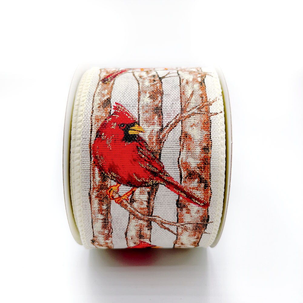 Designer’s Shop WR 63-5189 Holiday Woodland Glitter Cardinals Wired edge ribbon 2.5” x 10 yard