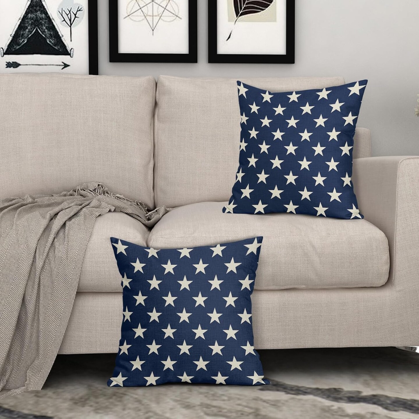 4th of July Patriotic Pillow Covers 18x18 Set of 2 Blue Star Americana Independence Day Outdoor Decorative Throw Pillow Cases Farmhouse Decor for Sofa Couch Bed Fourth July Holiday Decorations