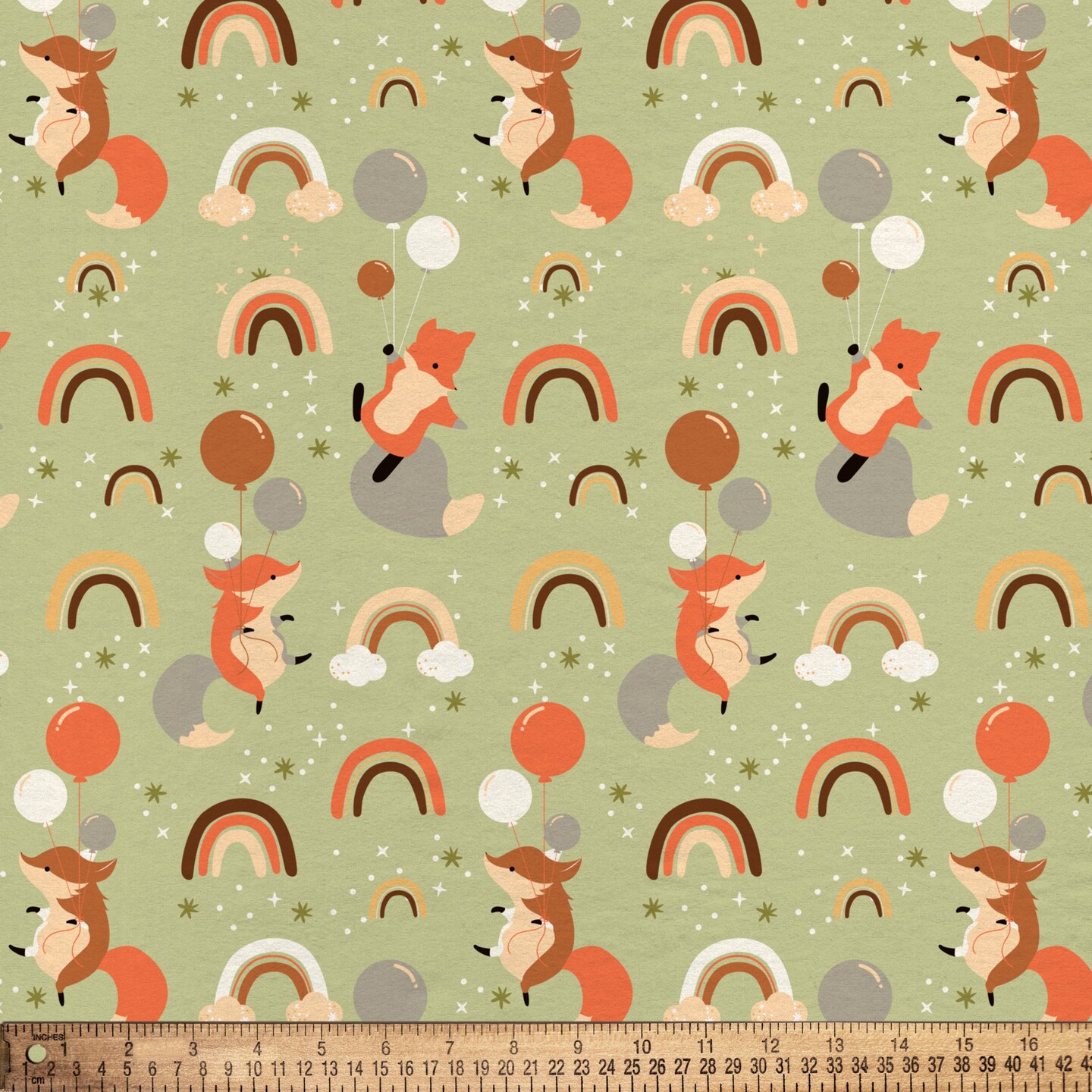 DAVID TEXTILES FOXES AND RAINBOWS GREEN FLANNEL 6 YD BOLT