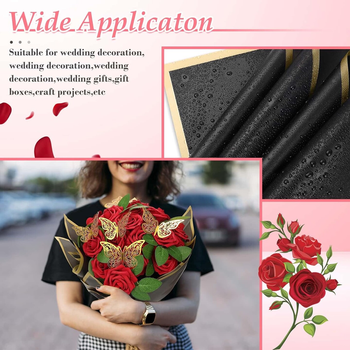 Bouquet Wrapping Paper with Artificial Foam Roses Red Flowers with Stems Gold Butterfly