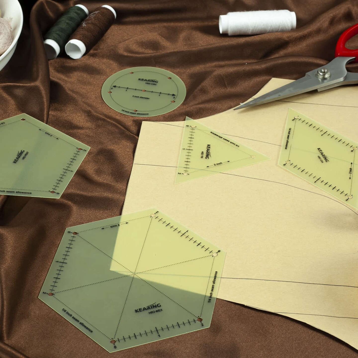 Kearing® 5 Piece Hot Hem Ruler Template Set for Sewing, Patented Heat Resistant Non-Slip Hot Ironing Ruler 1/4″ Seam Allowance and Marking Points, 2 Inches