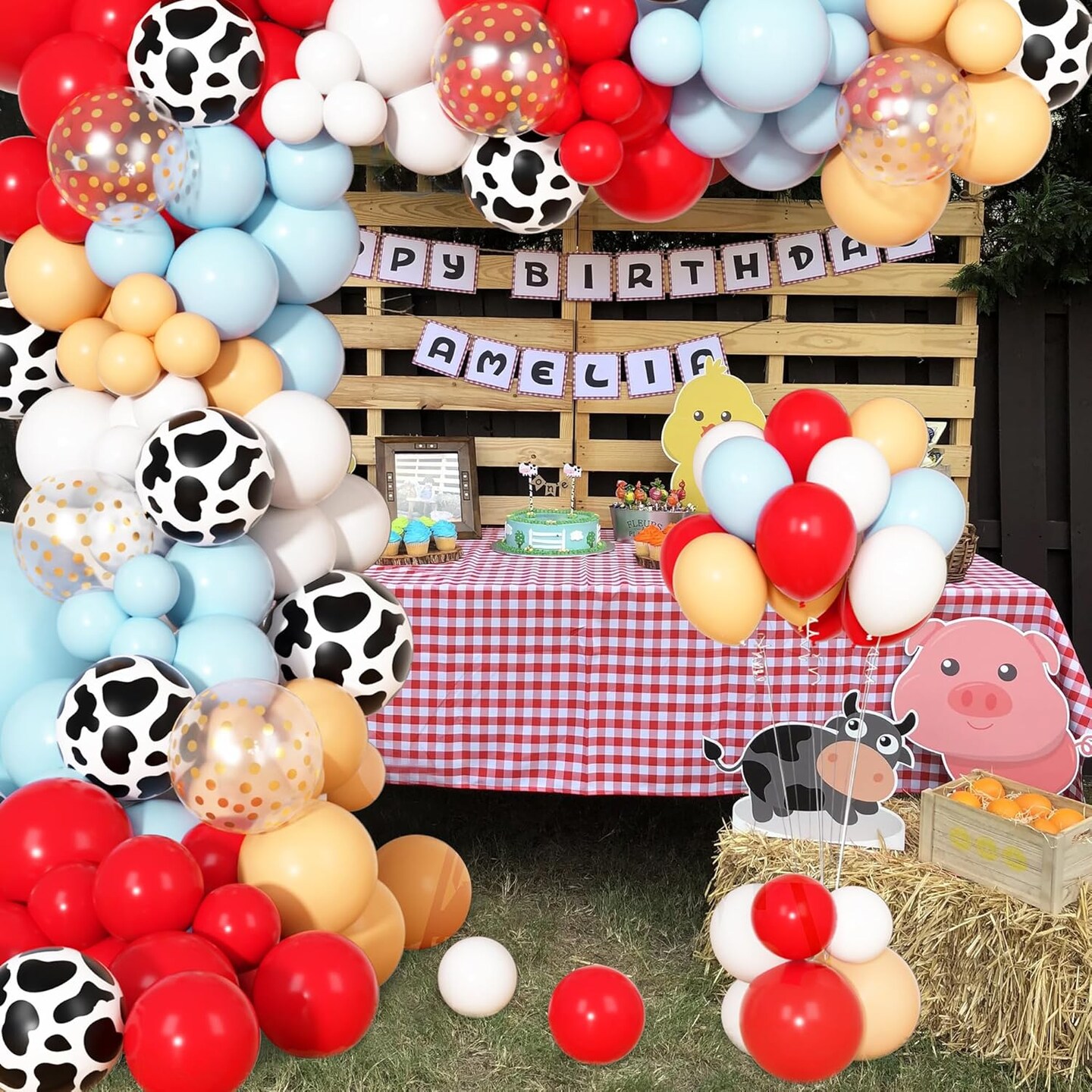 170Pcs Farm Animal Balloon Garland Arch Kit, Red Blue Tan White Cow Print Balloons