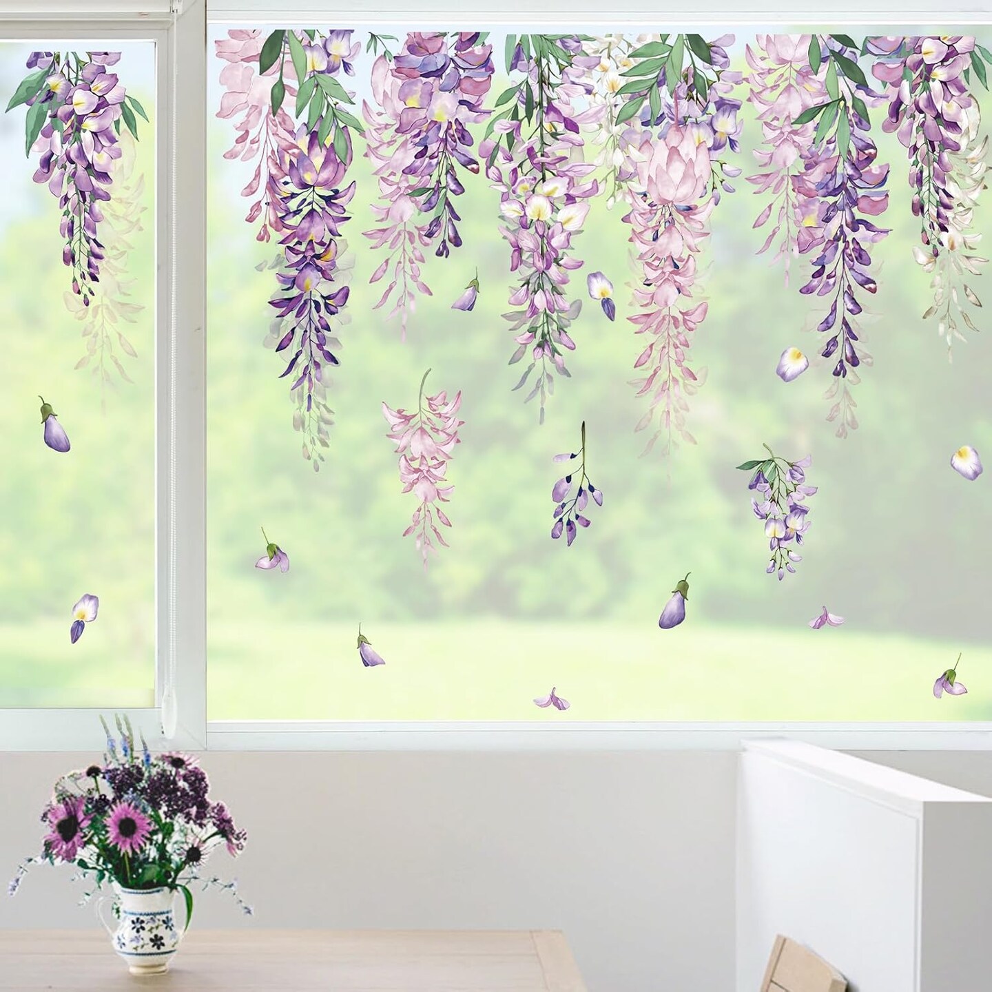 Summer Purple Flower Window Clings – Wisteria Vine Floral Leaf Glass Decals, Double-Sided Static Stickers for Home Windows