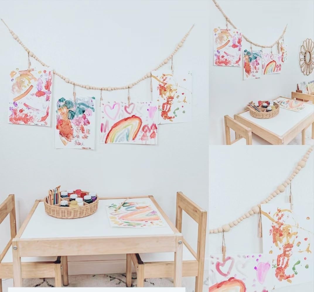 2PCS Hanging Photo Display Wall Decor, Boho Wooden Bead Garland Photo