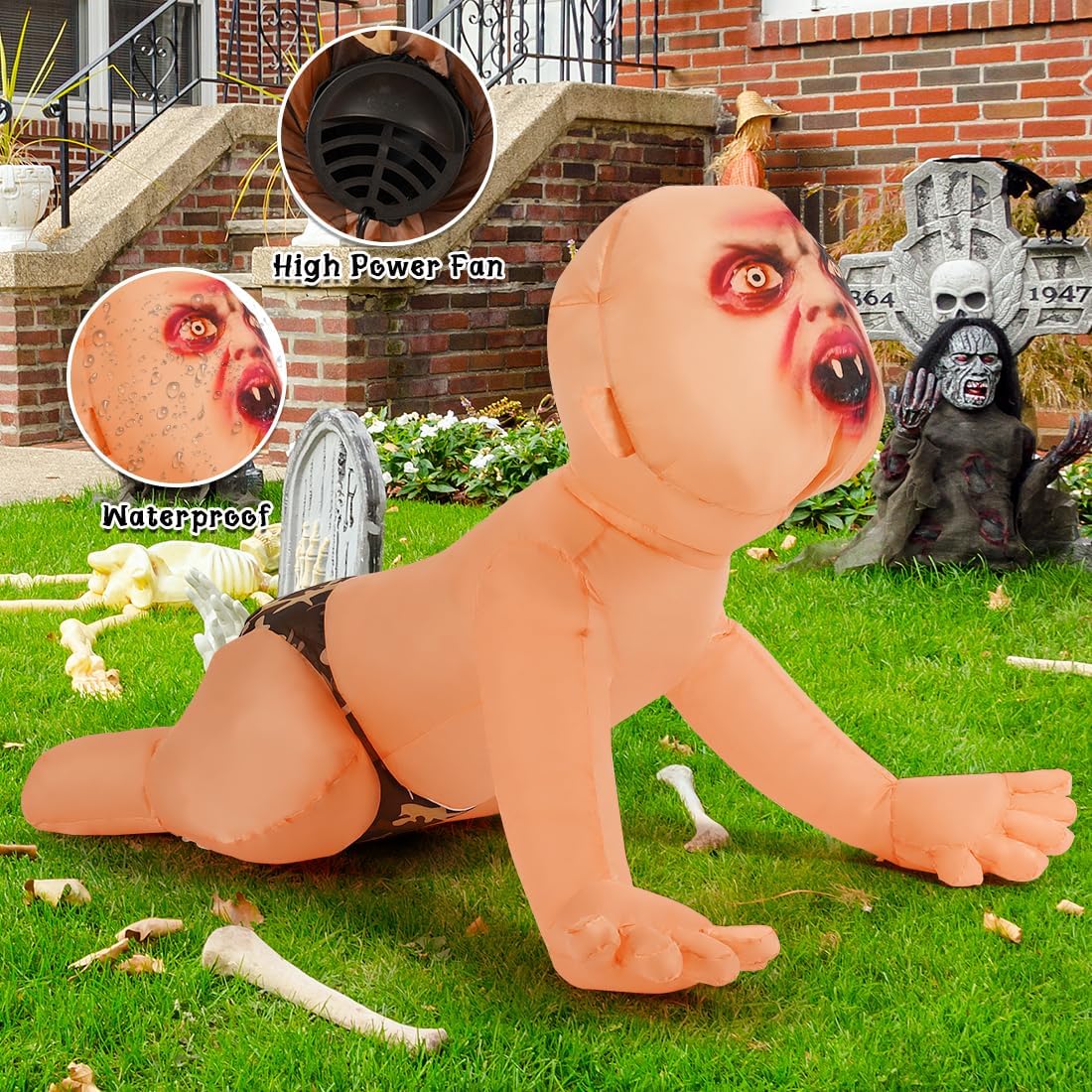 GOOSH 4FT Halloween Inflatable Outdoor Zombie Baby Blow Up Yard Decoration with LED Lights