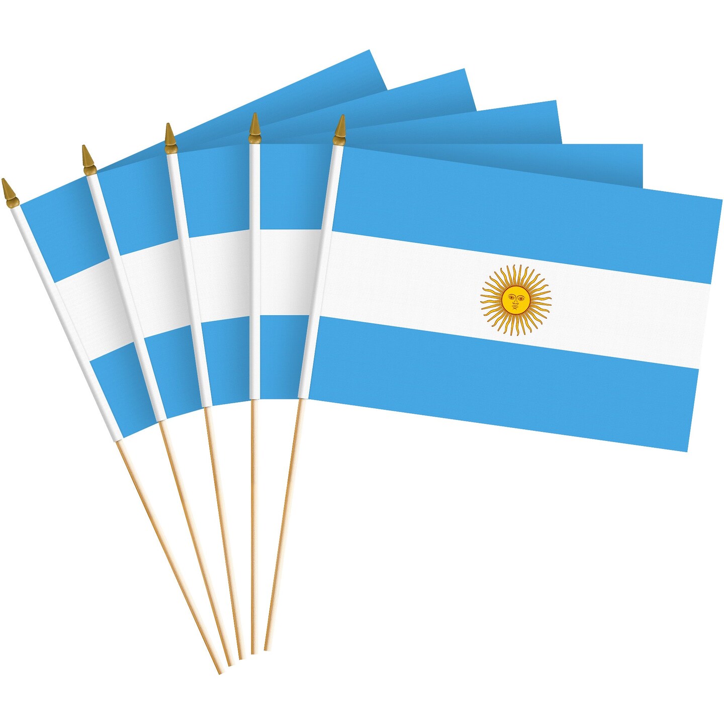 G128 24 Pack Handheld Argentina Argentinian Stick Flags | 8x12 In | Printed 150D Polyester, Country Flag, Solid Wooden Stick, Spear Gold Tip