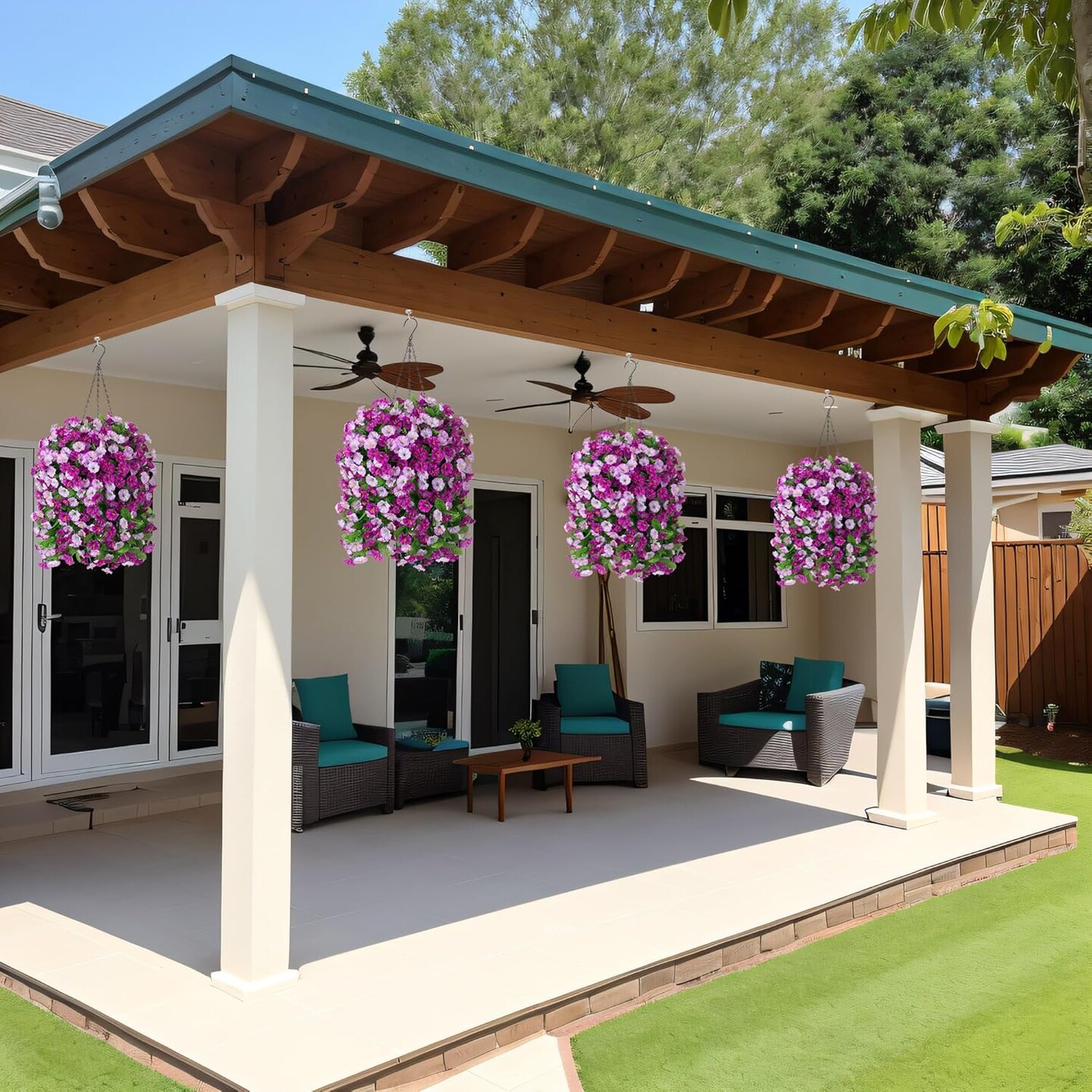 Hanging Baskets with Artificial Flowers for Plants Outdoor Indoor Spring Decor(Darkorchid)