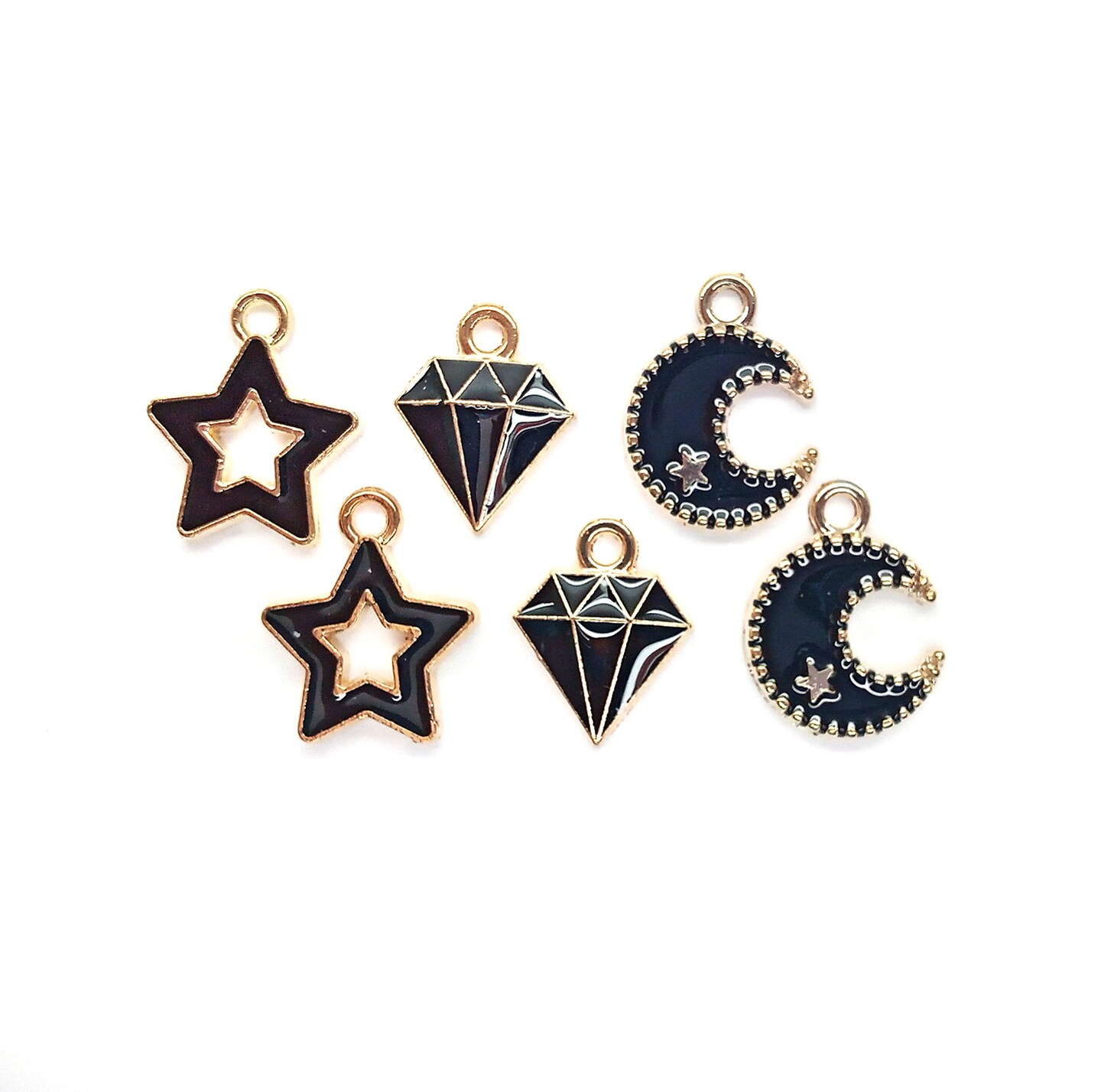 Black Star Moon & Diamond Charms, 6 pc, Enamel on Gold Tone, Adorabilities