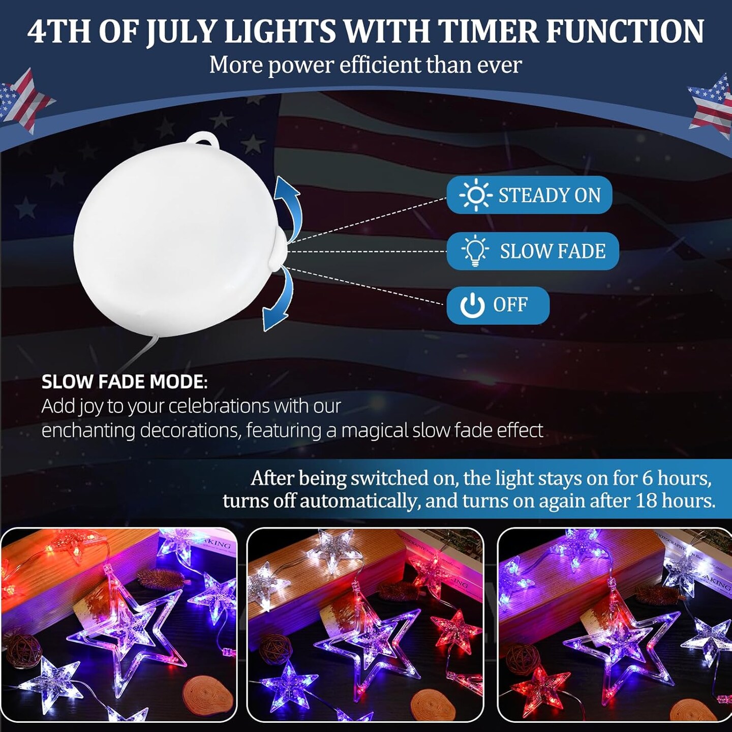 4th of July Lights, 3 Pack Red White and Blue Decorations with Timer Function