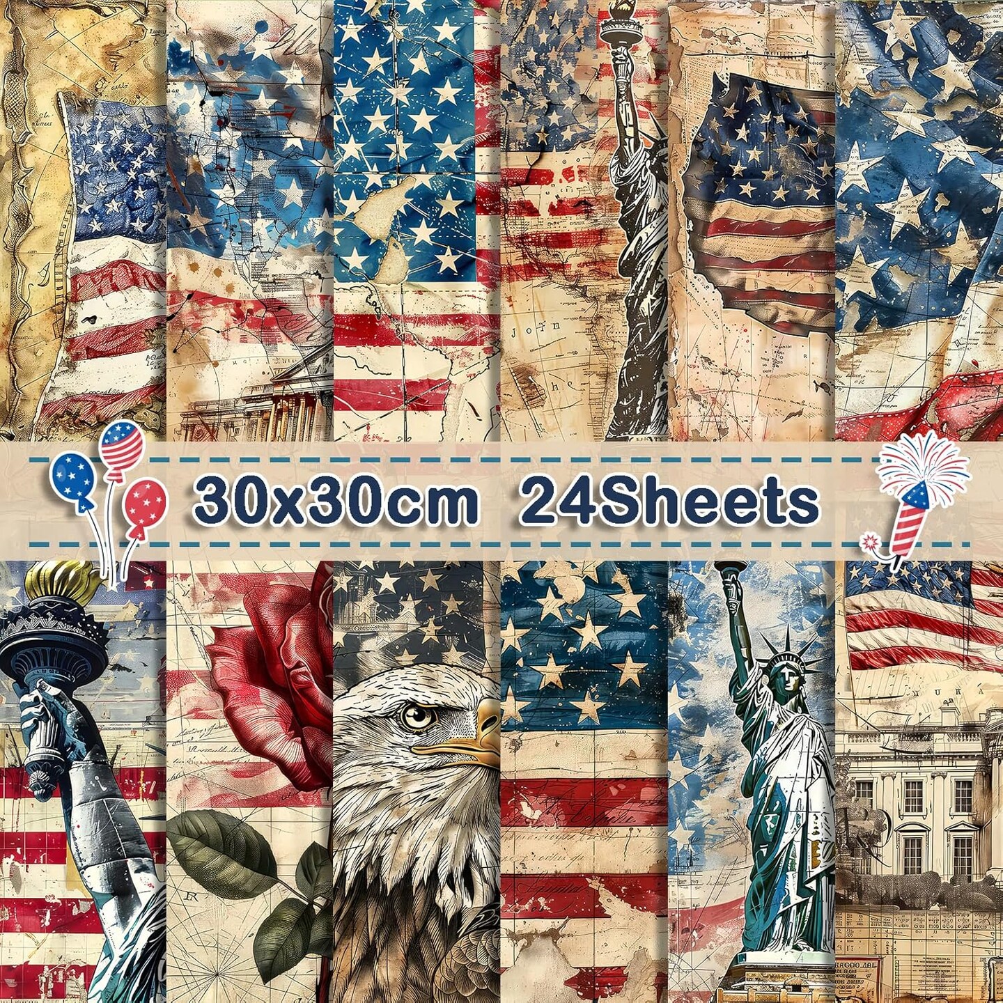 24 Sheets Retro Patriotic Red Blue Stars Stripes Patterns Decorative Craft Scrapbook Paper Folded Flat for 4th of July