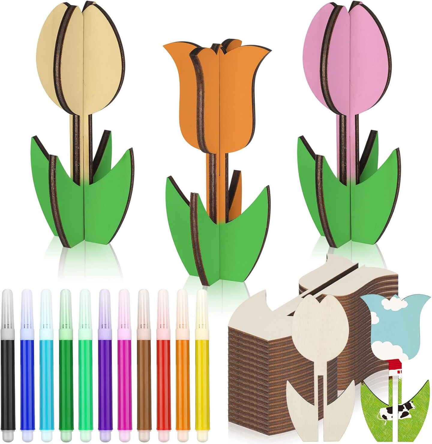 36 Pcs Summer Crafts Set 24 Wooden Flowers to Paint