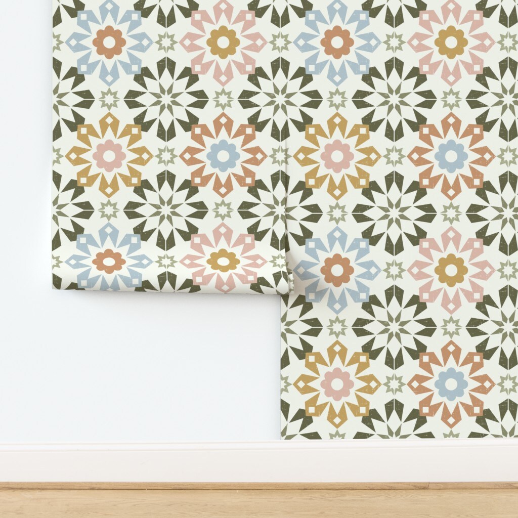 Faux Tile Geometric Modern Bohemian Eclectic Mediterranean Large Scale Earth Tones Distressing Rustic Patchwork Farmhouse Country Kitchen Custom Removable Wallpaper by Spoonflower Peel & Stick Wallpaper 2FT Wide
