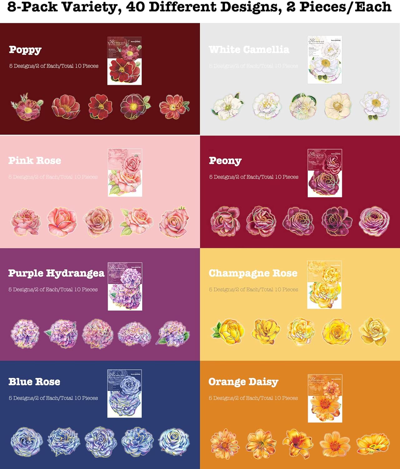 80 Pieces Large Size Flower Stickers with Gold Holographic Outlines