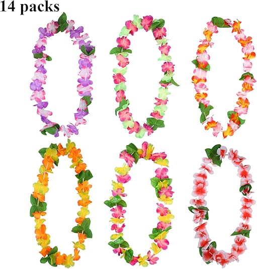 14 Pieces Hawaiian Leis Necklaces Colorful Hawaiian Flower Leis Necklaces for Luau Party Decorations Beach Party Supplies