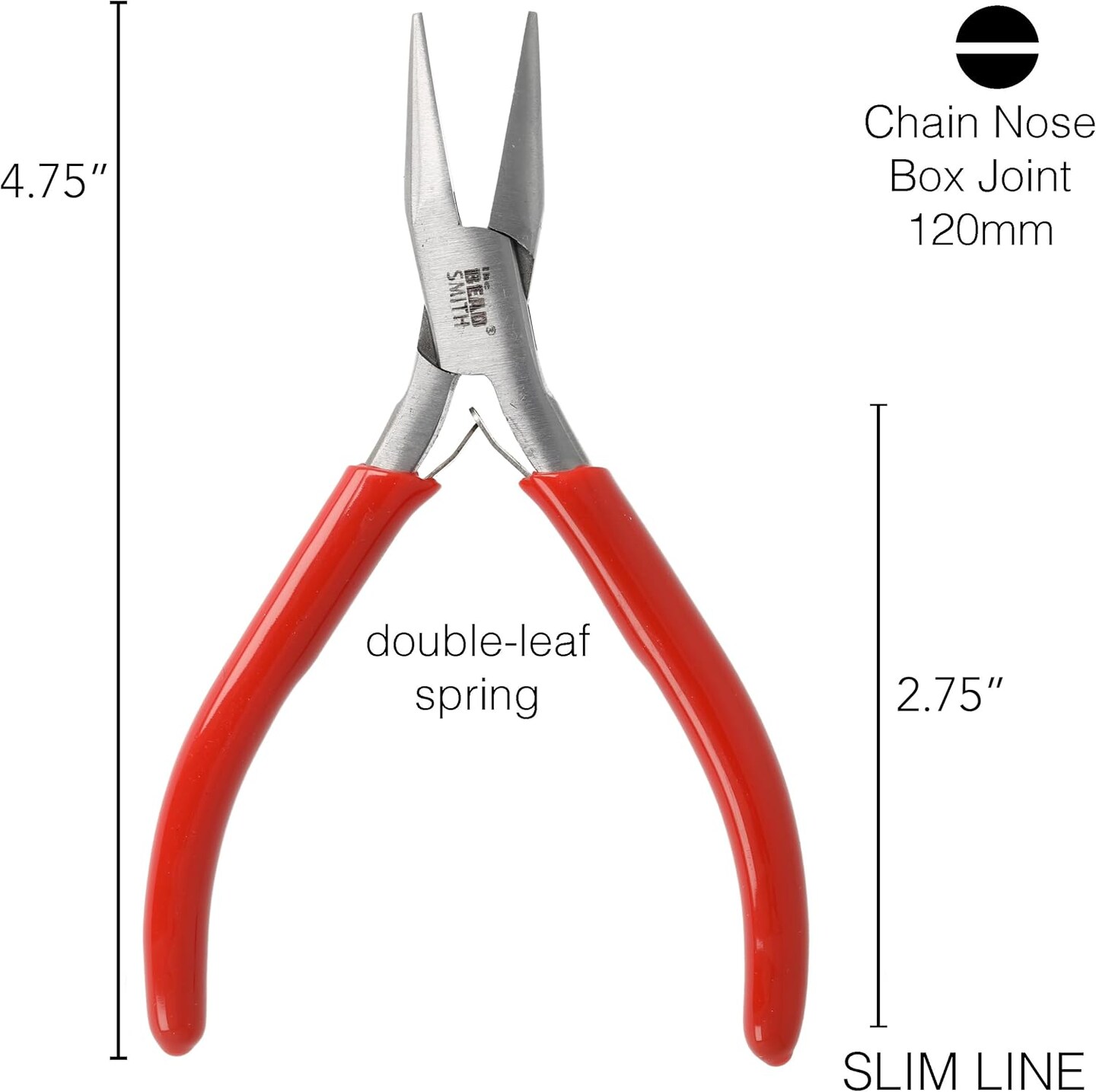 The Beadsmith Slim Line Chain Nose Pliers, with Polished Steel Head, red PVC Comfort Grip Handle with Double-Leaf Spring, Tool for Jewelry Making