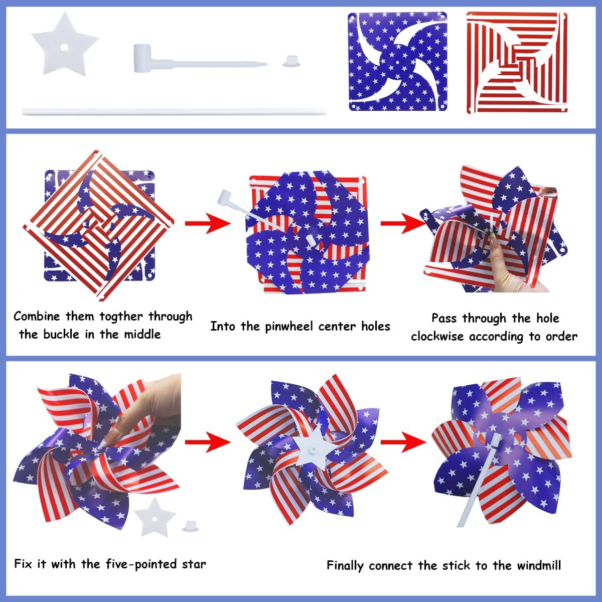 12Pcs American Patriotic Wind Spinners Red White Blue Flag Pinwheels