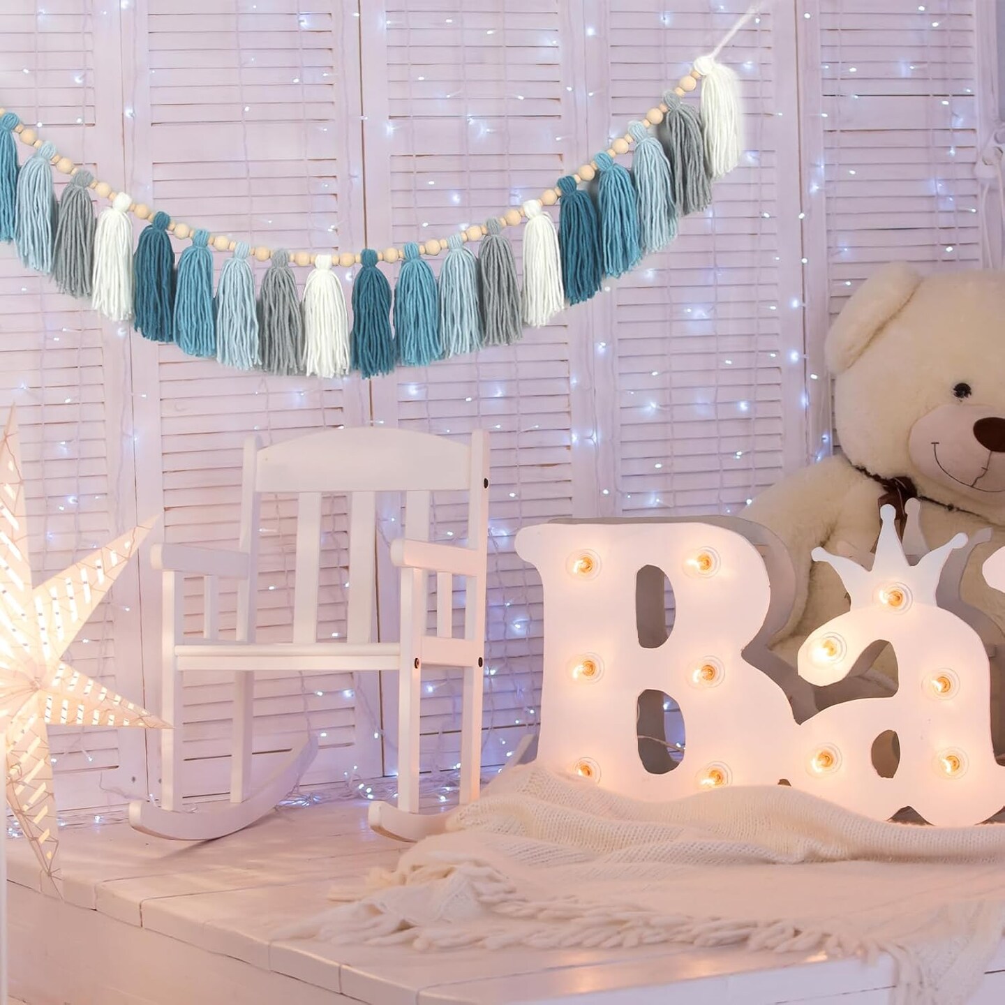 Yarn Tassel Garland with Wood Beads Boho Bunting Banner Wall Hanging(Light Blue)