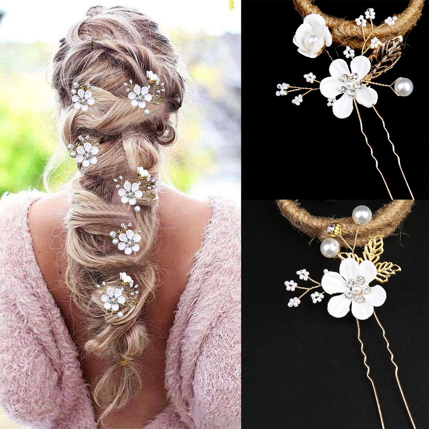 6 PCS Crystal Pearl Flower Hair Clips with Rhinestone (Pure White Flower)