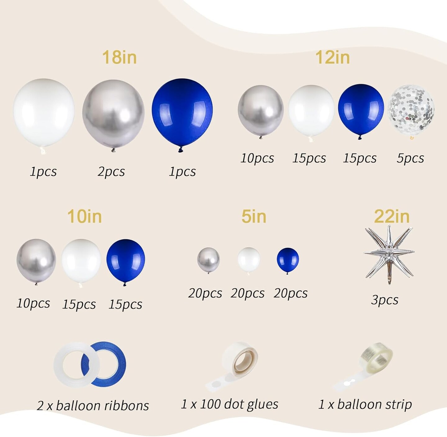 Blue and Silver Balloons Garland Arch Kit, 156 Pack Royal blue and White Silver Confetti Balloons