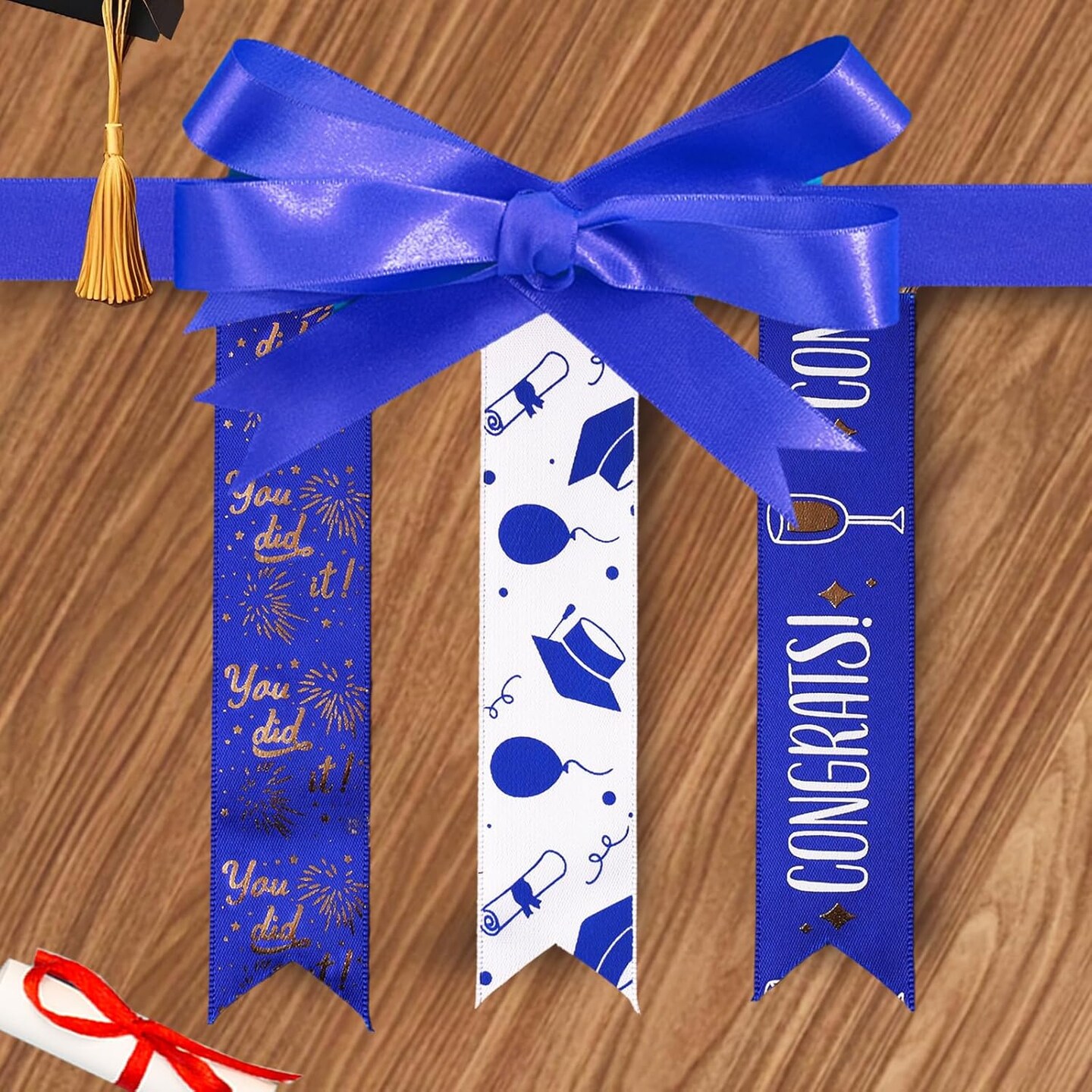 Blue and White Gold Congrats Grad Satin Ribbon - 3 Rolls 1 Inch x 15 Yards