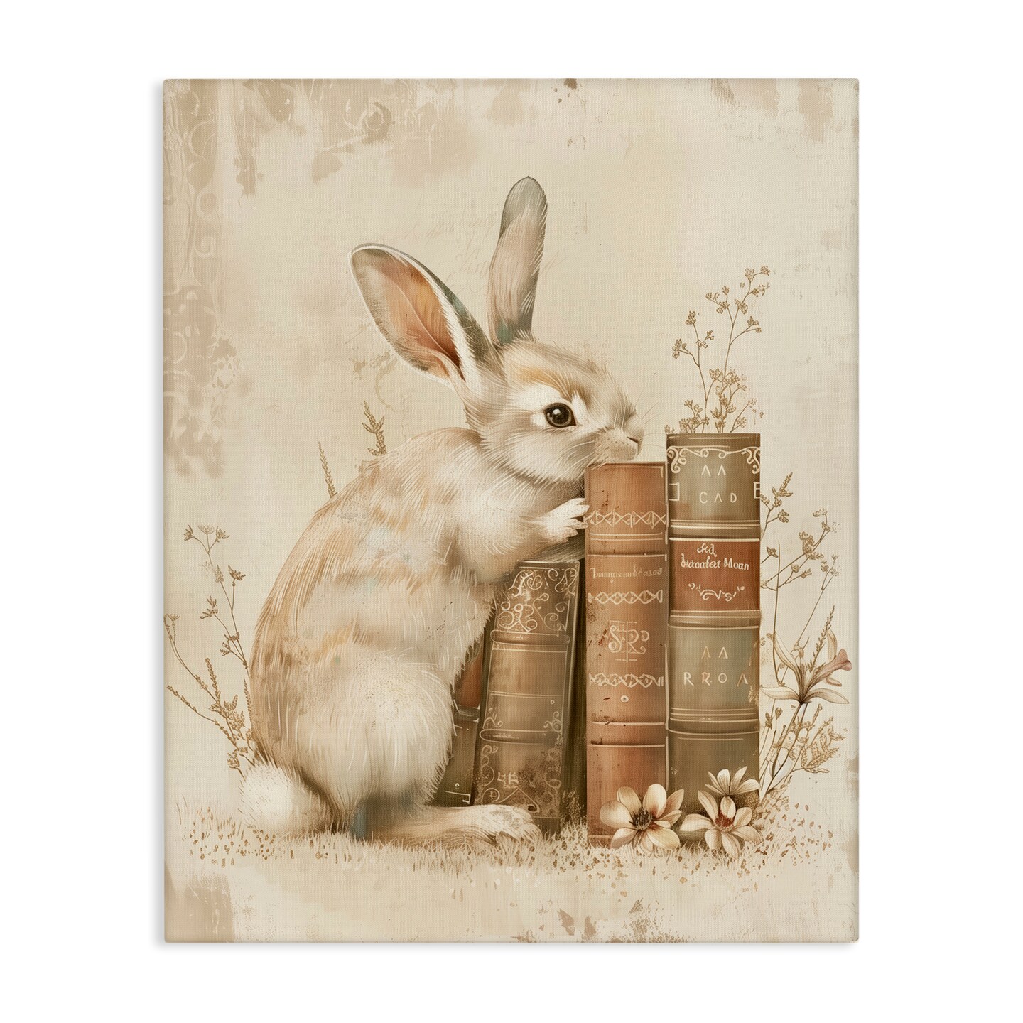 Stupell Industries Neutral Rabbit & Books Canvas By Arlington Prints