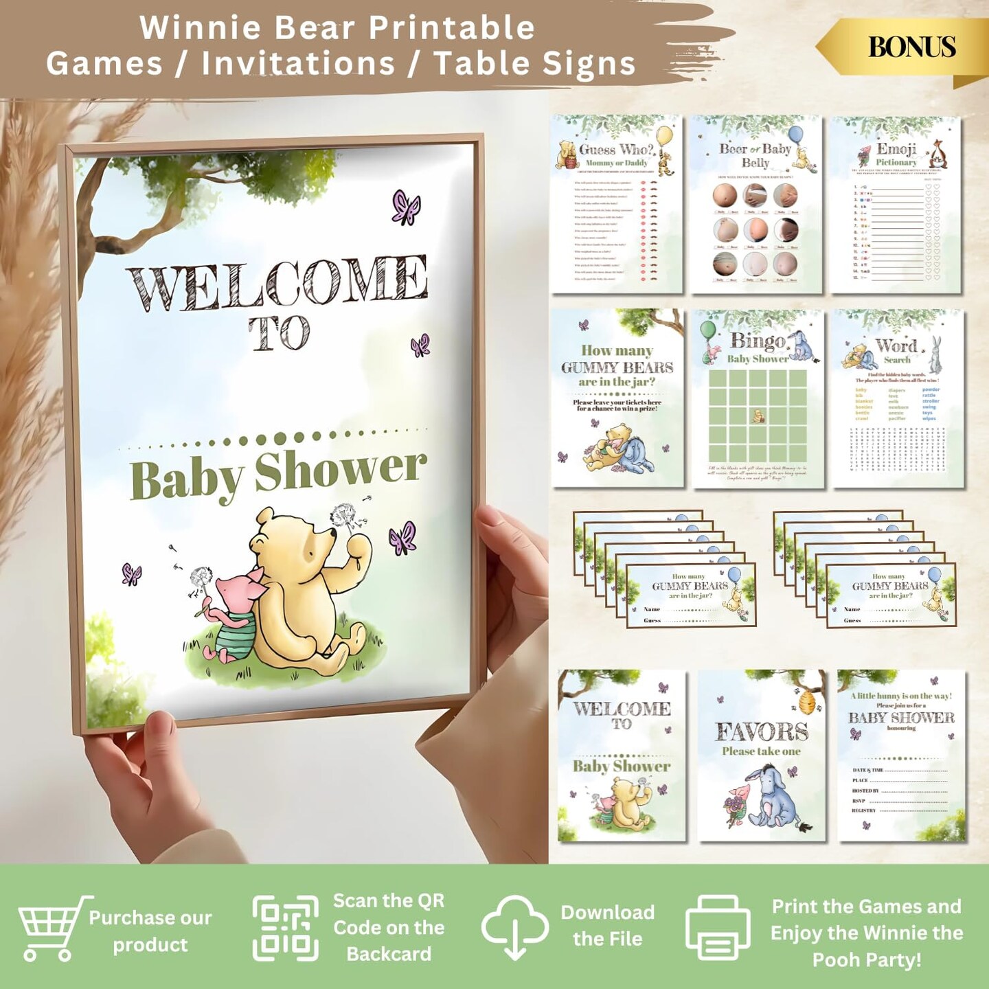 Winnie Baby Shower Decorations &#x2013; the Pooh Balloons, Backdrop, Welcome Baby Banner, Tablecloth, Cake Toppers, Pompoms, Sash &#x26; More &#x2013; Classic Pooh Baby Shower Theme