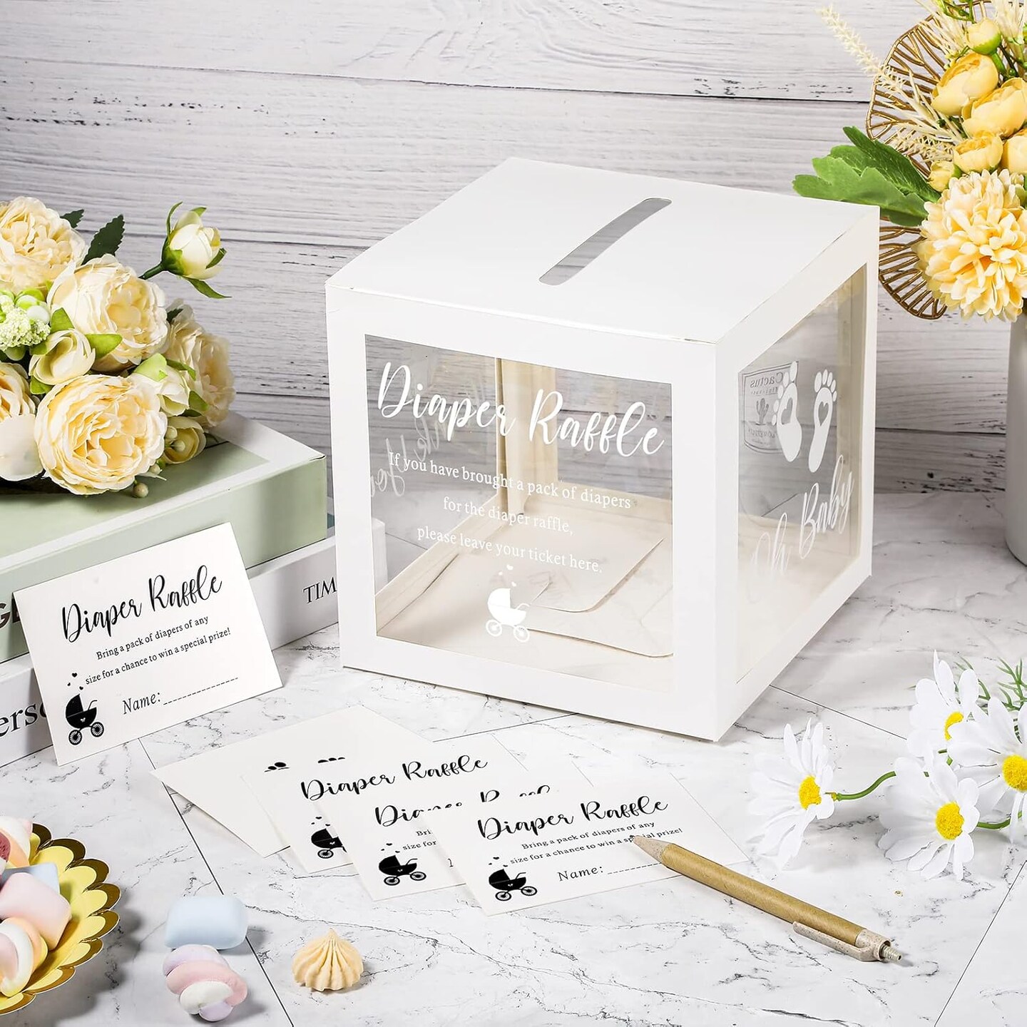 50 Diaper Raffle Tickets with Box for Baby Shower Game Invitations