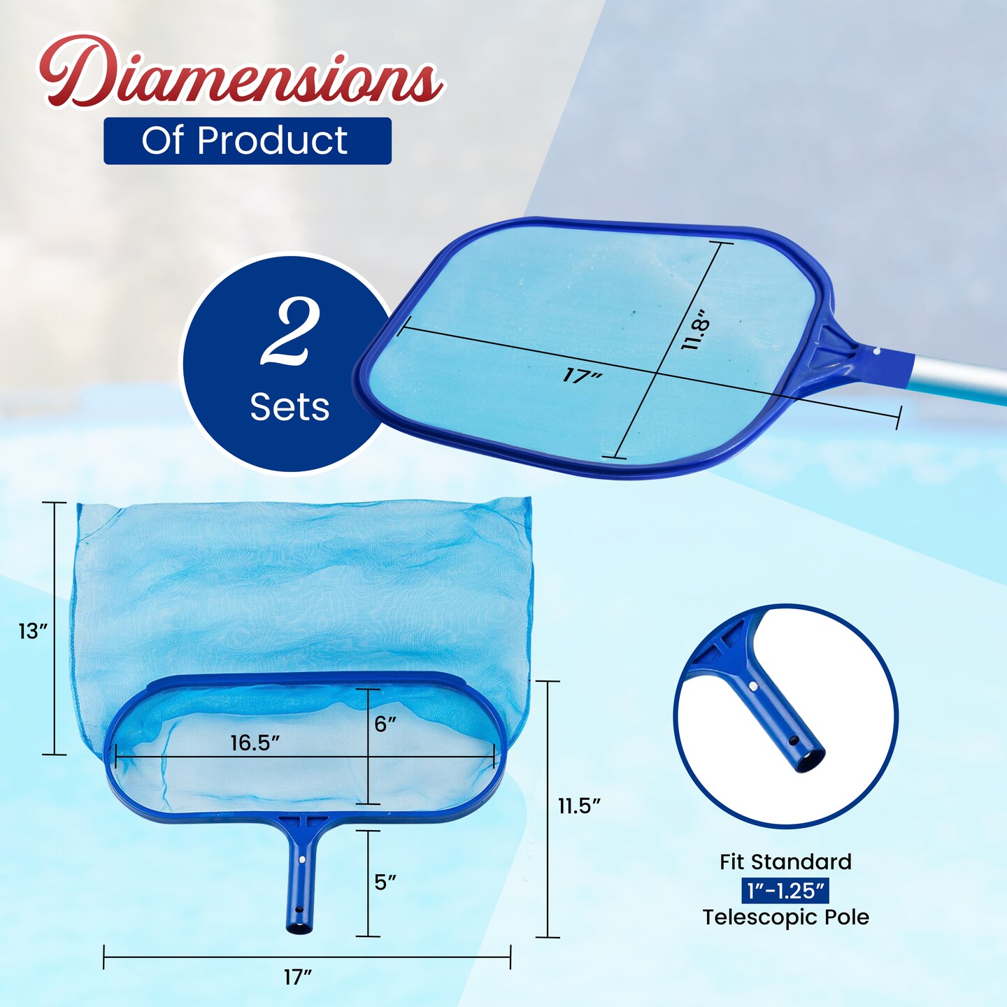 4E’s Novelty Swimming Pool Skimmer Net and Leaf Rake Set – 17″ Heavy Duty Frame – Fine Mesh Head Deep Net for Above Ground, Inground Pool, Hot Tub, Pond, Pool Cleaning Accessories and Supplies