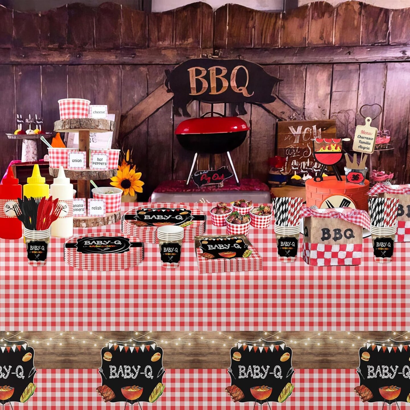 Baby Q Baby Shower Decorations Tableware - BBQ Baby Shower Decorations, Party Supplies | Serve 24(Red)