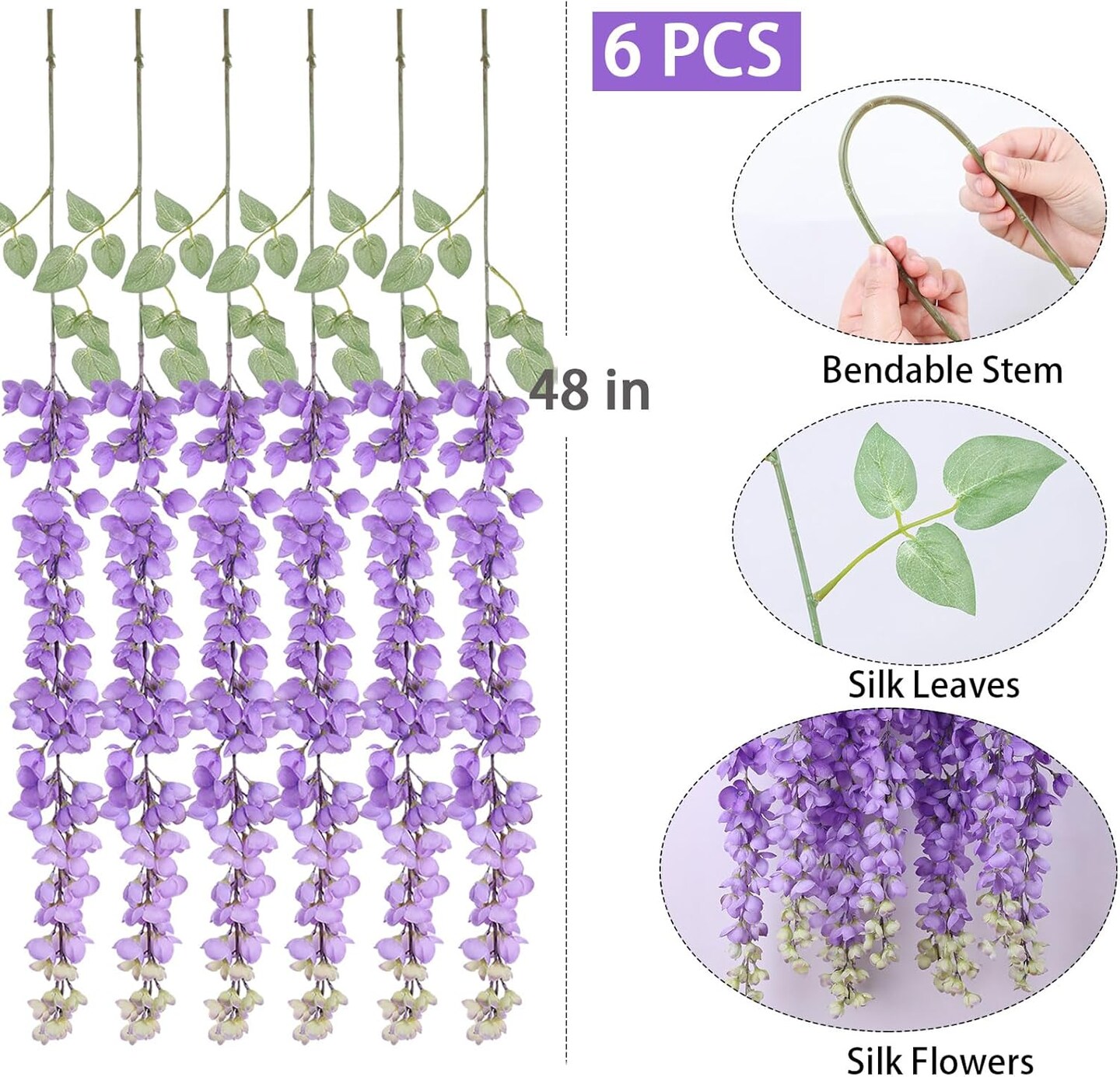 6Pcs Purple Wisteria Hanging Flowers 48&#x22; Silk Wisteria Artificial Flowers