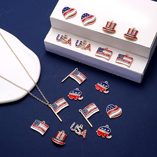 40PCS American Flag Charms 4th of July Patriotic Charms for Jewelry Making Rhinestone Enamel Heart Star Pendant Charms for DIY Necklace Bracelet Earrings Crafts