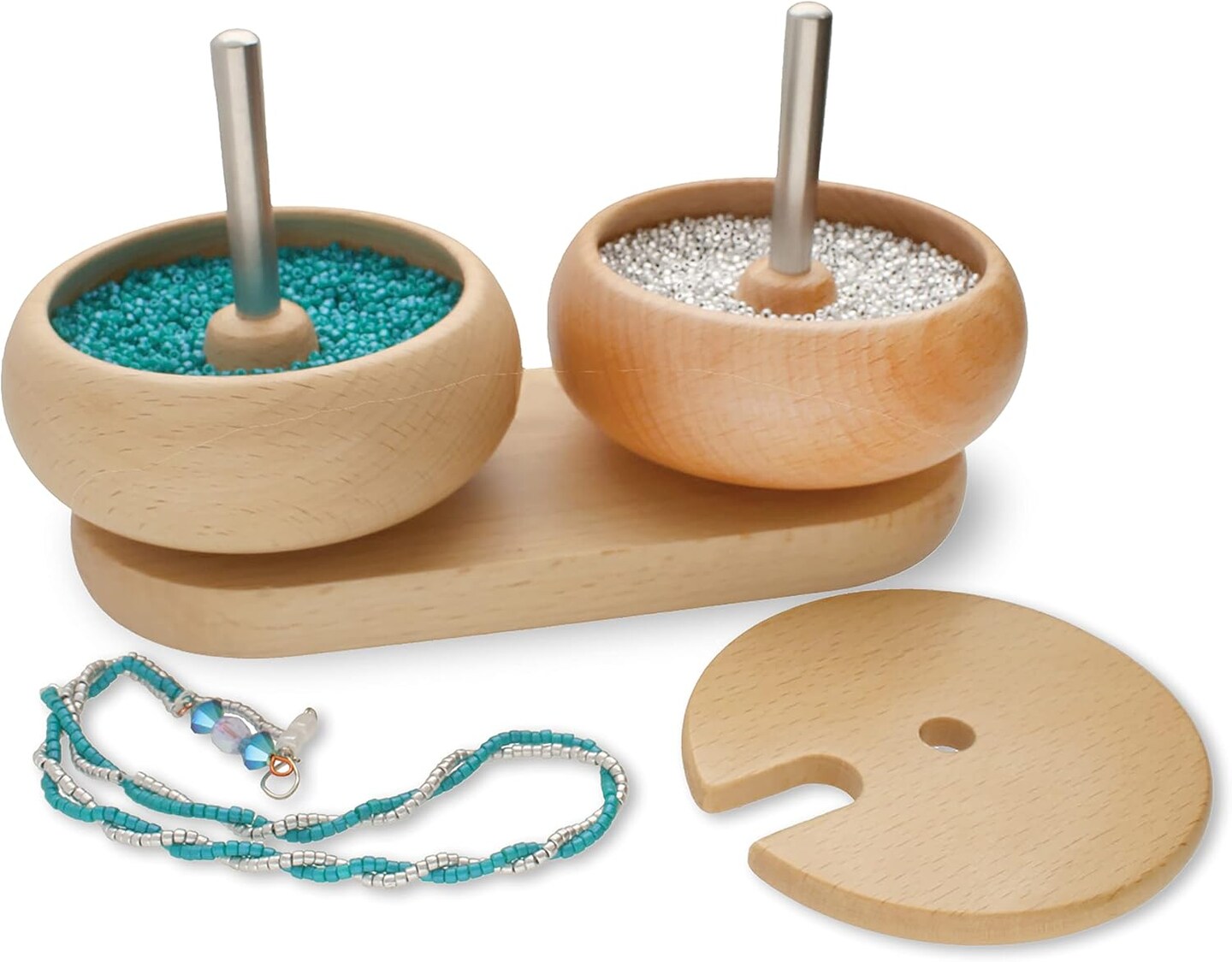 The Beadsmith Spin & String Duo – Includes 1 Base, 2 Wooden Bowls, 1 Wooden Lid and 2 Spinning Needles – Quickly & Efficiently String Seed Beads for Jewelry, Fringe & DIY Arts & Crafts Projects