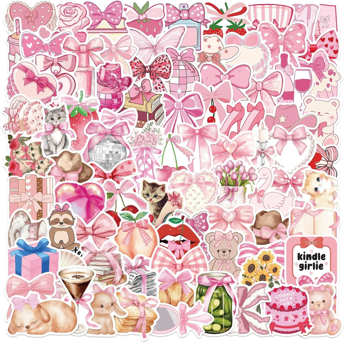 100PCS Coquette Stickers Pink Aesthetic Stickers Pack Cute Bow Tie Stickers for Girls Pink Sticker