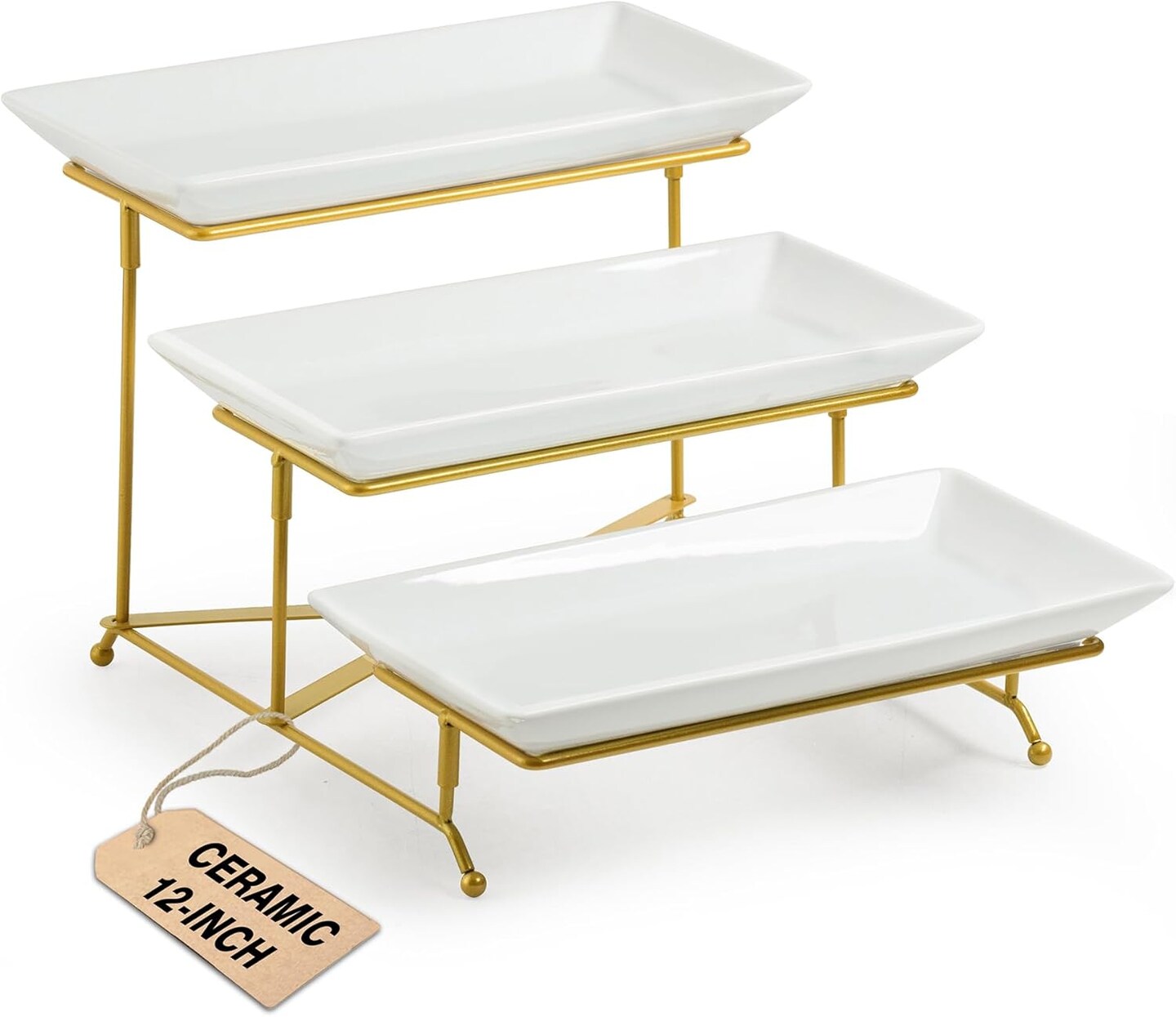 3-Tier Porcelain Serving Tray Stand – (12", Gold) with Collapsible Rack, Ideal for Holidays & Entertaining