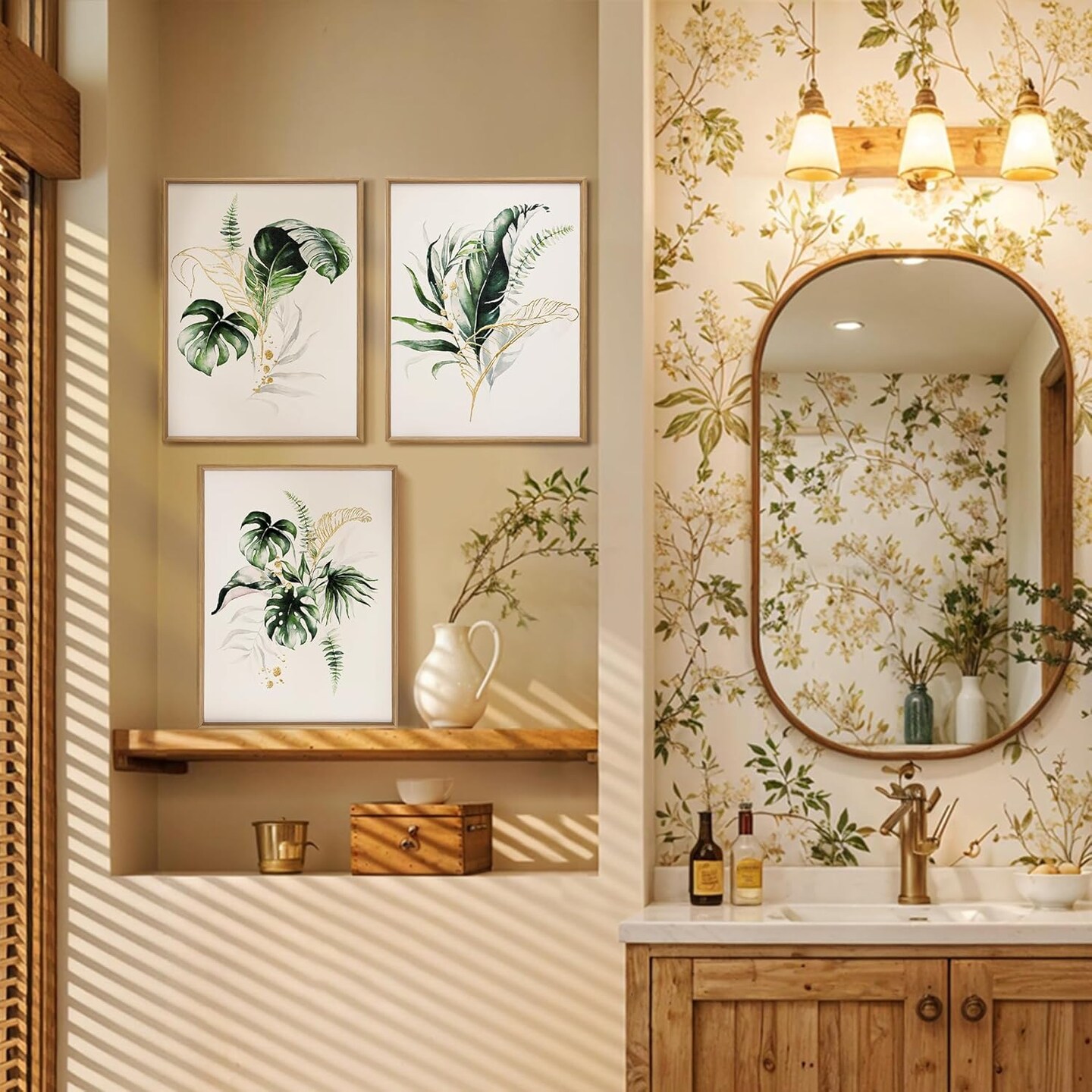 Botanical Canvas Paintings Wall Decor with Green and Gold Glided Textured Modern Nature Pictures Plant Prints