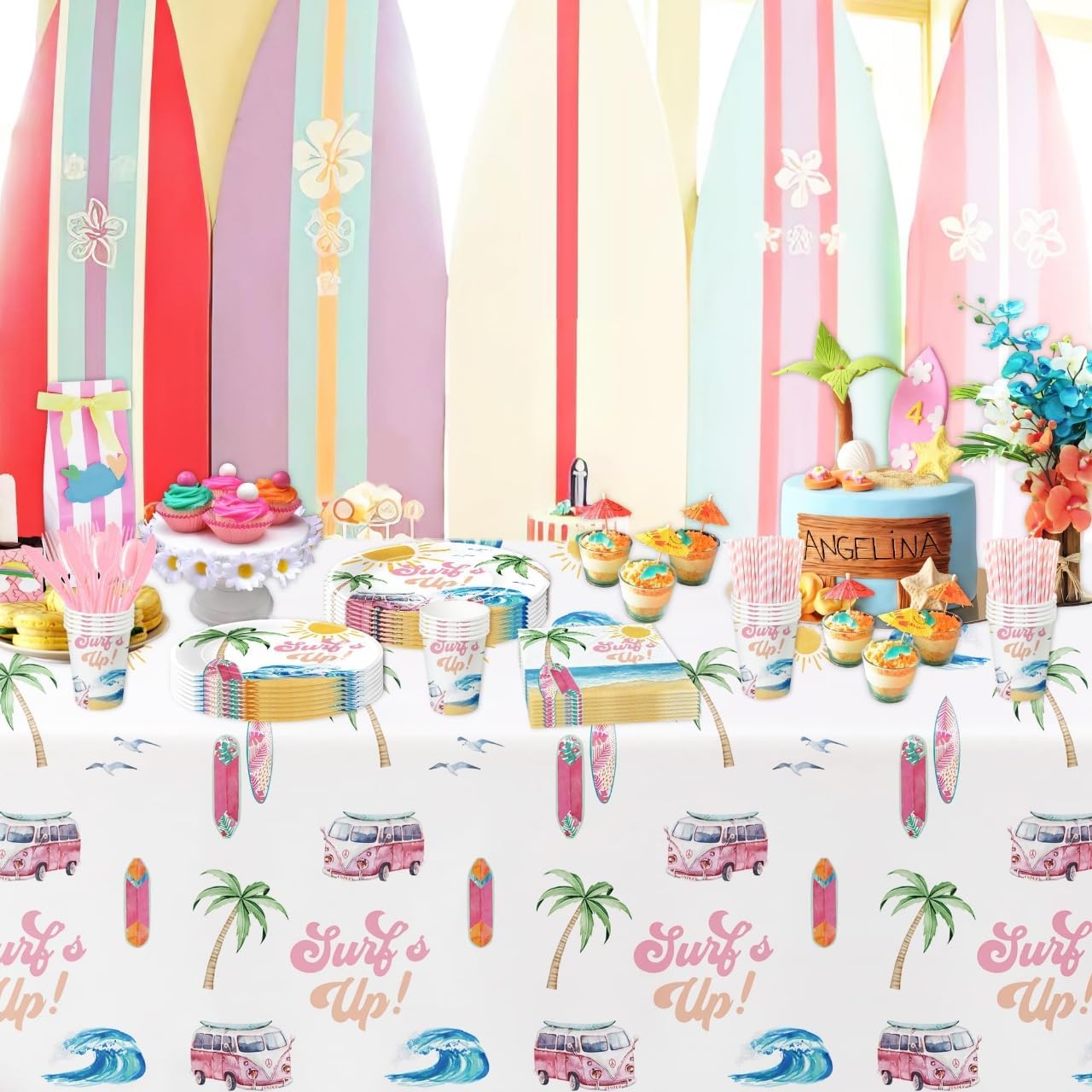 Surf&#x27;s Up Party Decorations Tablecloth Girls - Disposable Pink Surf Birthday Party Supplies Table Cover