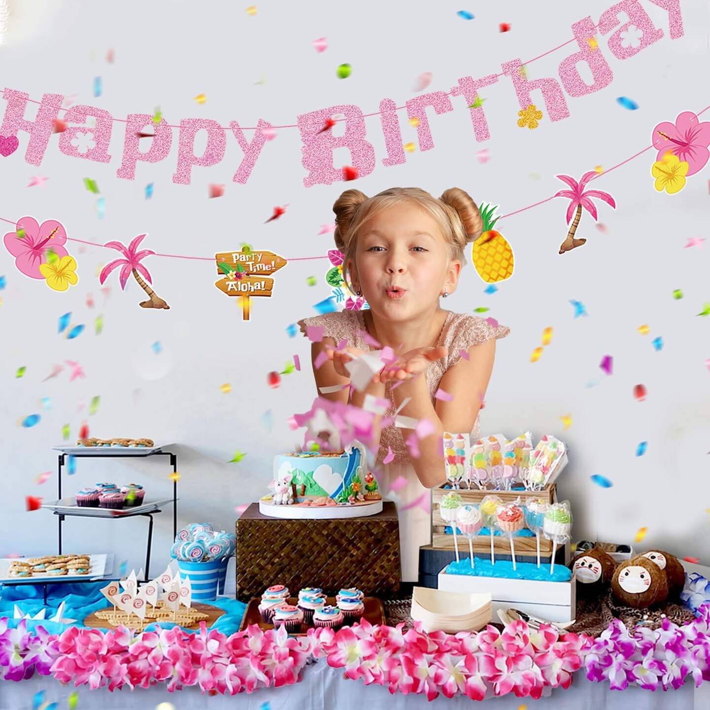 Hawaiian Birthday Banner - Pink Tropical Happy Birthday Banner