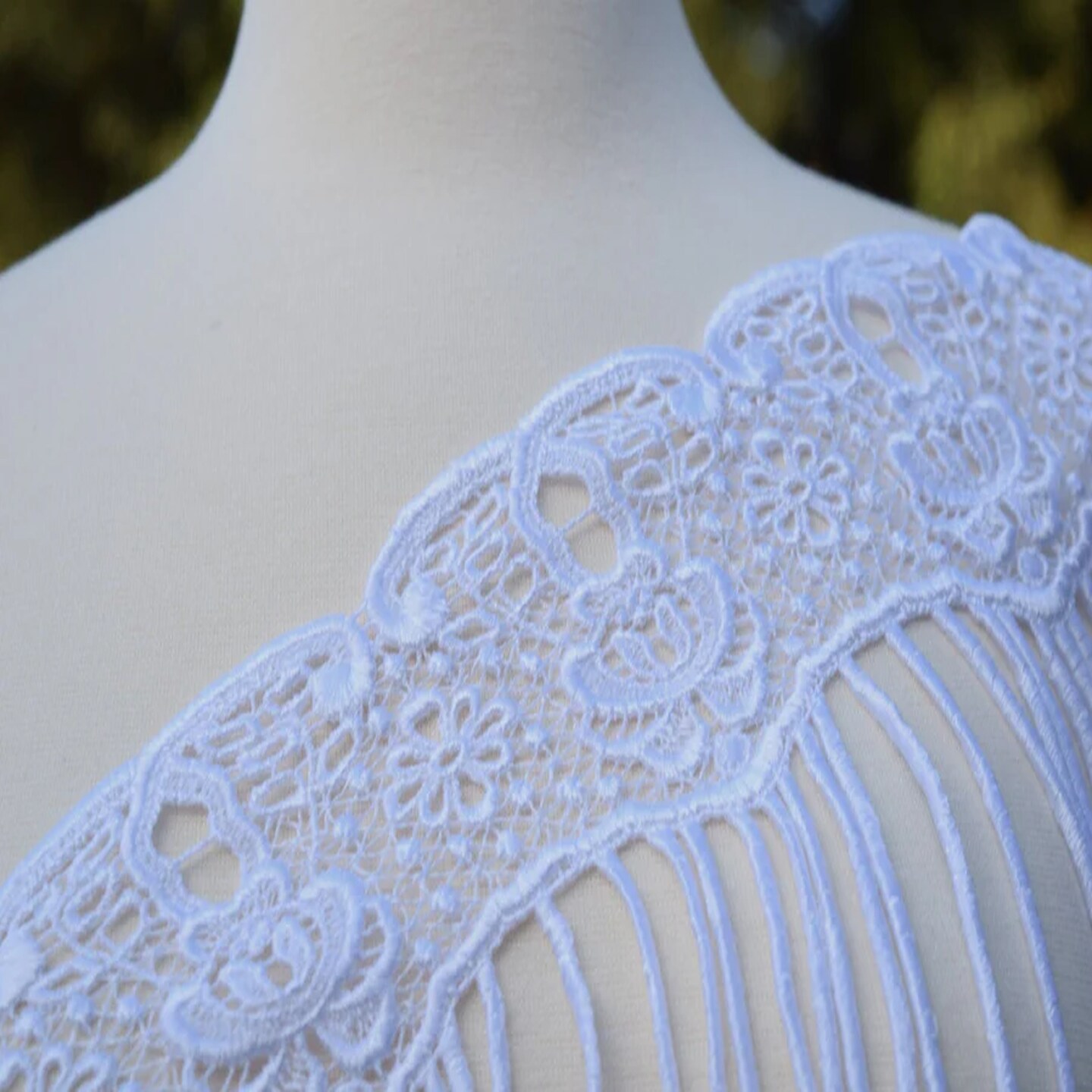 1 Yard White Venice Lace Trim with Long Spaghetti Fringe 9 Inch Wide