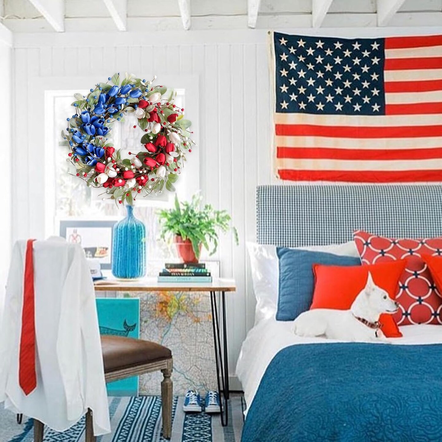 Tulip Flower Patriotic Wreaths Red White Blue Decor Memorial Day Independence Day 4th of July Flag Day Wreaths