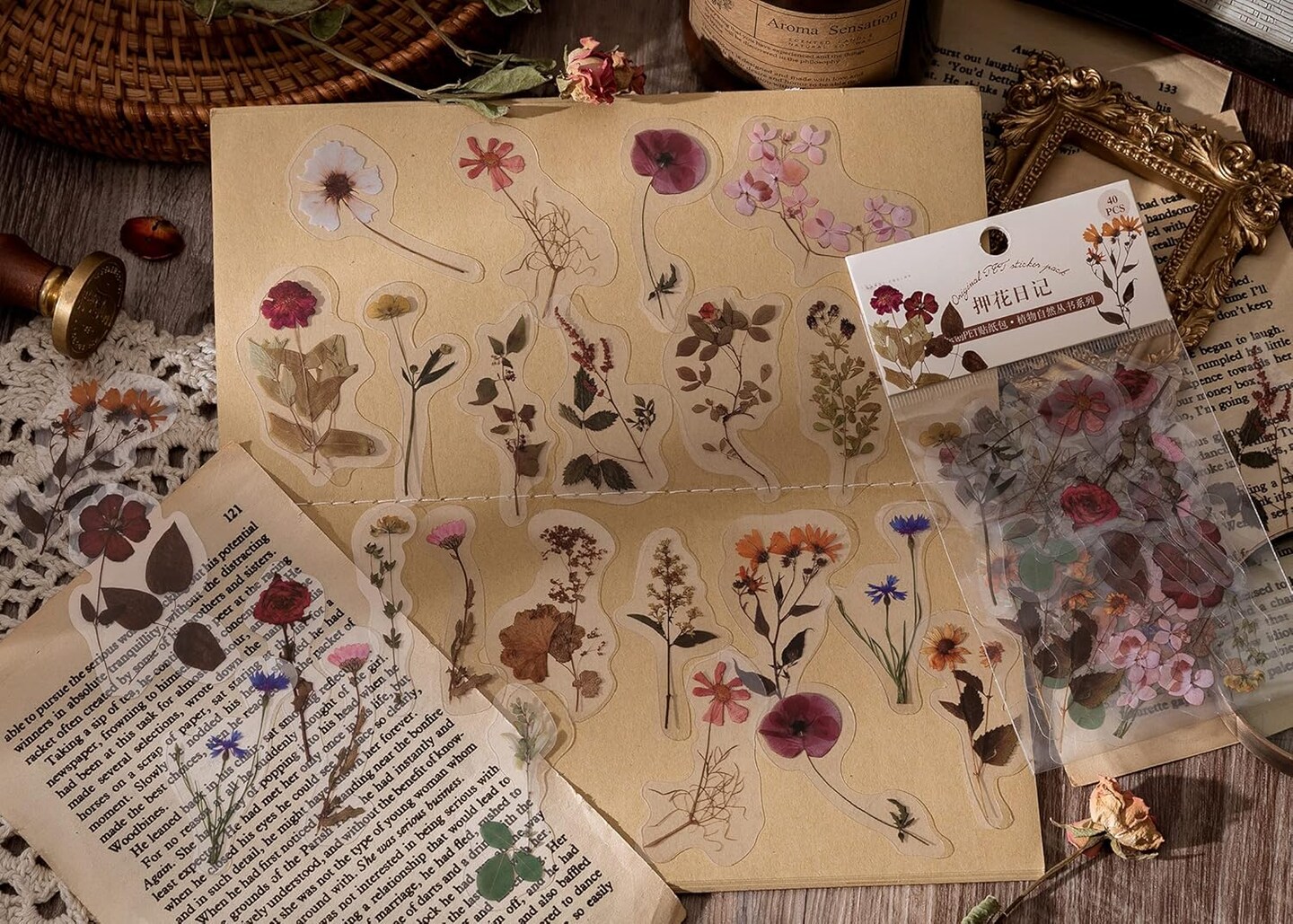 Stickers Set (320 Pieces) Pressed Flower Resin Decals Transparent