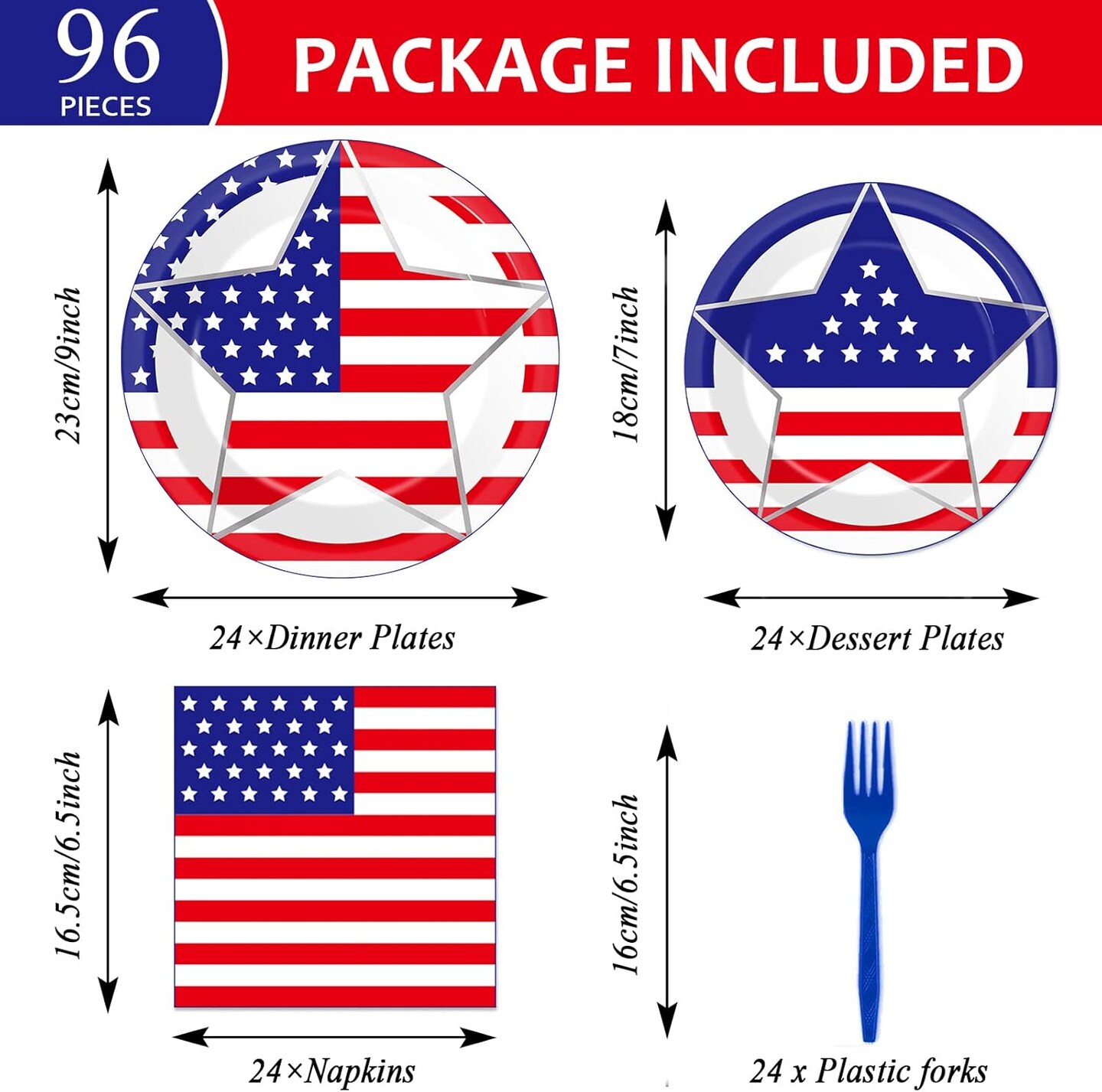 96 PCS 4th of July Party Set with Plates, Napkins, Tableware – American Flag Decor for 24 Guests