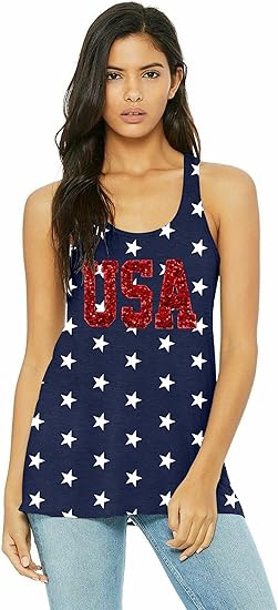 American Flag Tank Top Women USA Star Sequin Sleeveless Tee Patriotic Shirt 4th of July