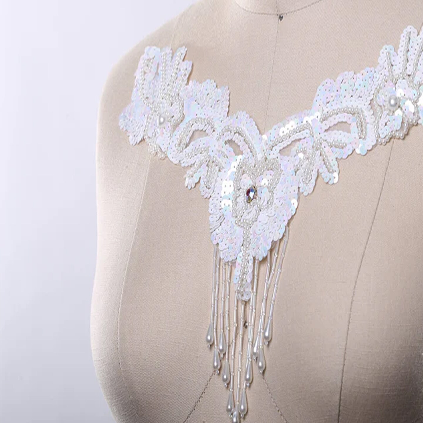 1 Piece White Sequin V Shaped Applique with Beaded Fringe and Rhinestone Embellishment