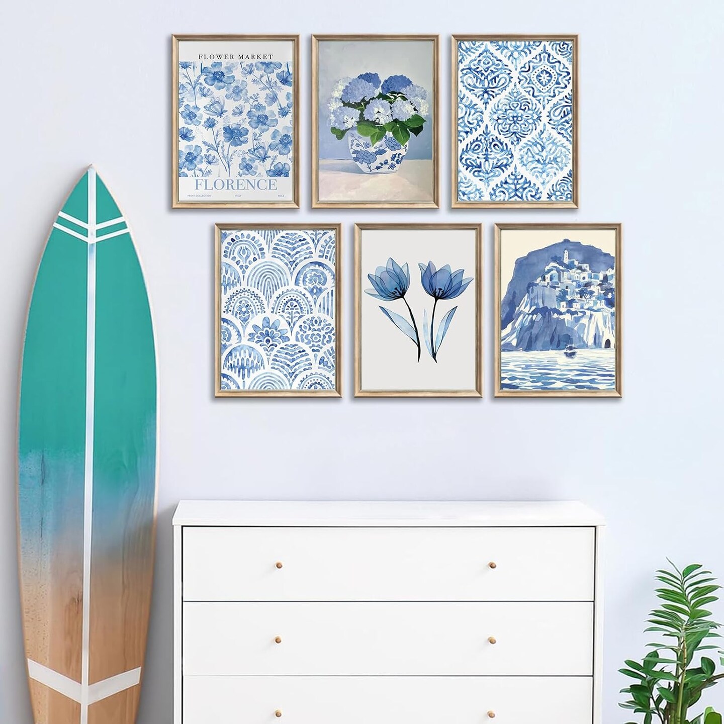 6Pcs Blue coastal Wall Art Flowers Aesthetic Wall Decor Pictures Trendy Minimalist Posters