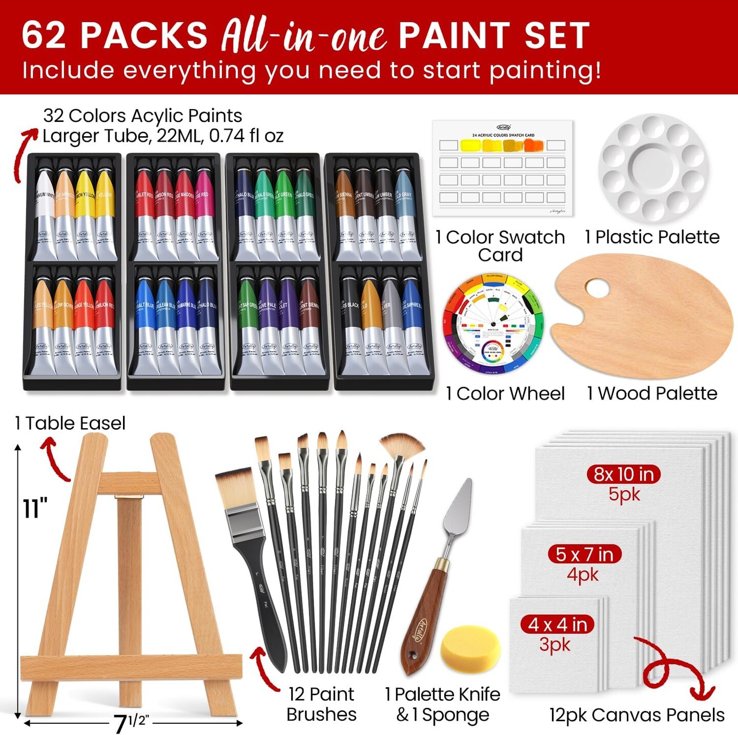 62 Pcs Canvas Painting Kits
