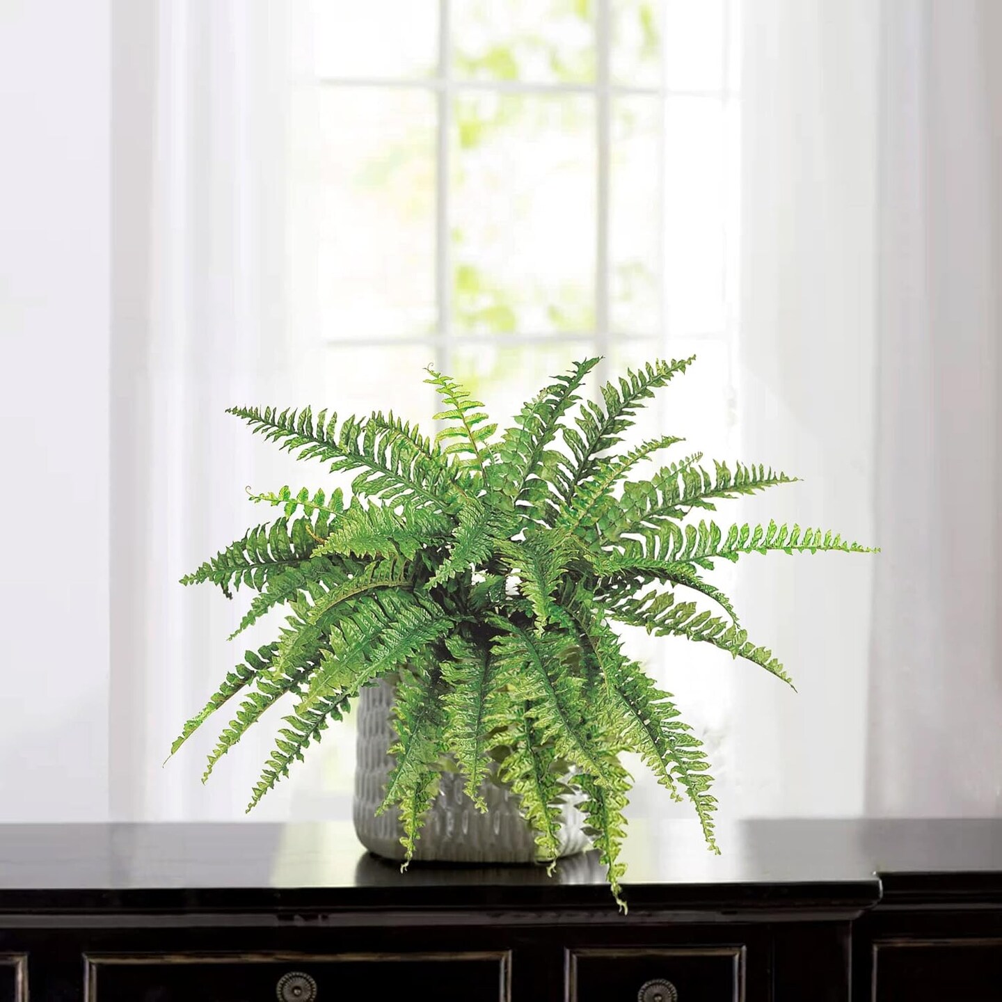3-Pack – 34” Faux Boston Fern Plants with 42 Lifelike Fronds – UV Resistant Hanging Greenery for Home, Office, Porch & Garden Decor