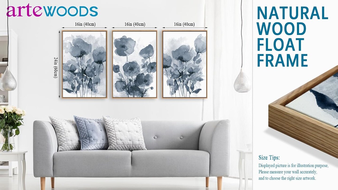 Botanical Framed Wall Art - Abstract Watercolor Style Pictures Grey Blue Floral Wall Decor ( 16&#x22; x 24&#x22; Set of 3 Natural Framed)