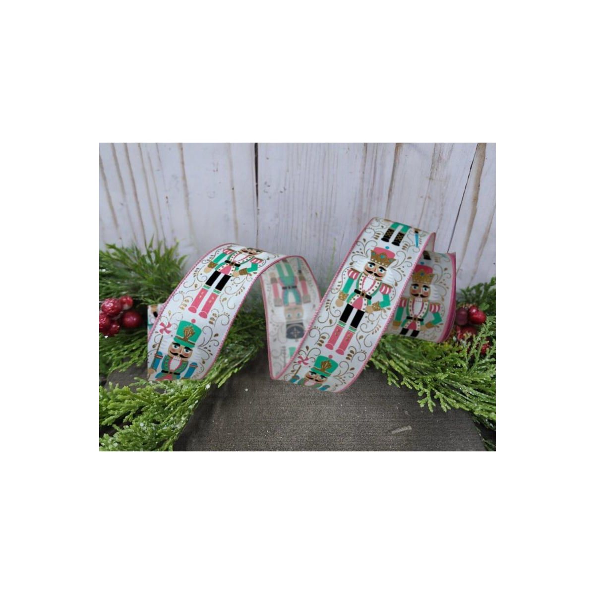 2.5&#x22; Nutcracker Ribbon: White/Pink (10 Yards)