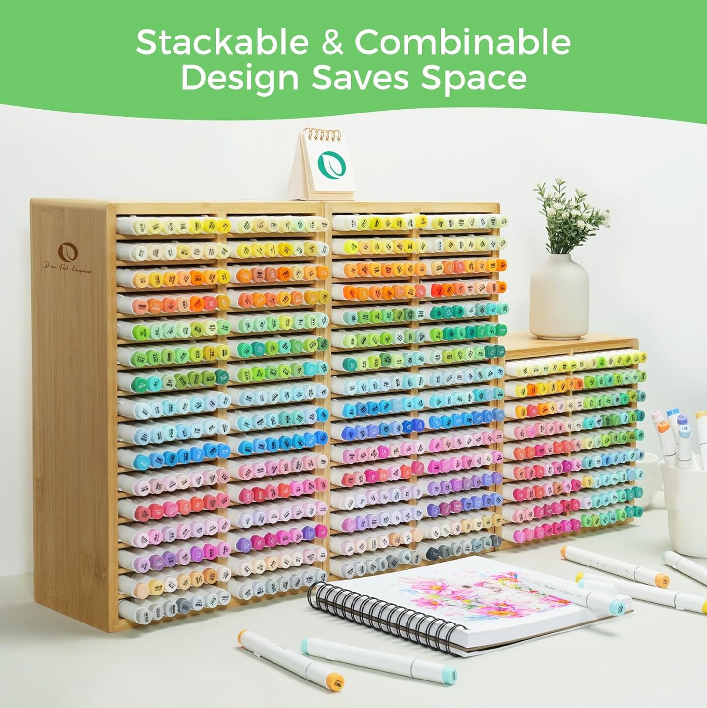 Ohuhu Bamboo Marker Organizer, Desktop Storage Hold 126/ 224 Markers for Honolulu Oahu Series of Ohuhu Markers, Pens Pencils Stationary Organizer Holder with 18/ 32 Compartments for Classroom Office Decor