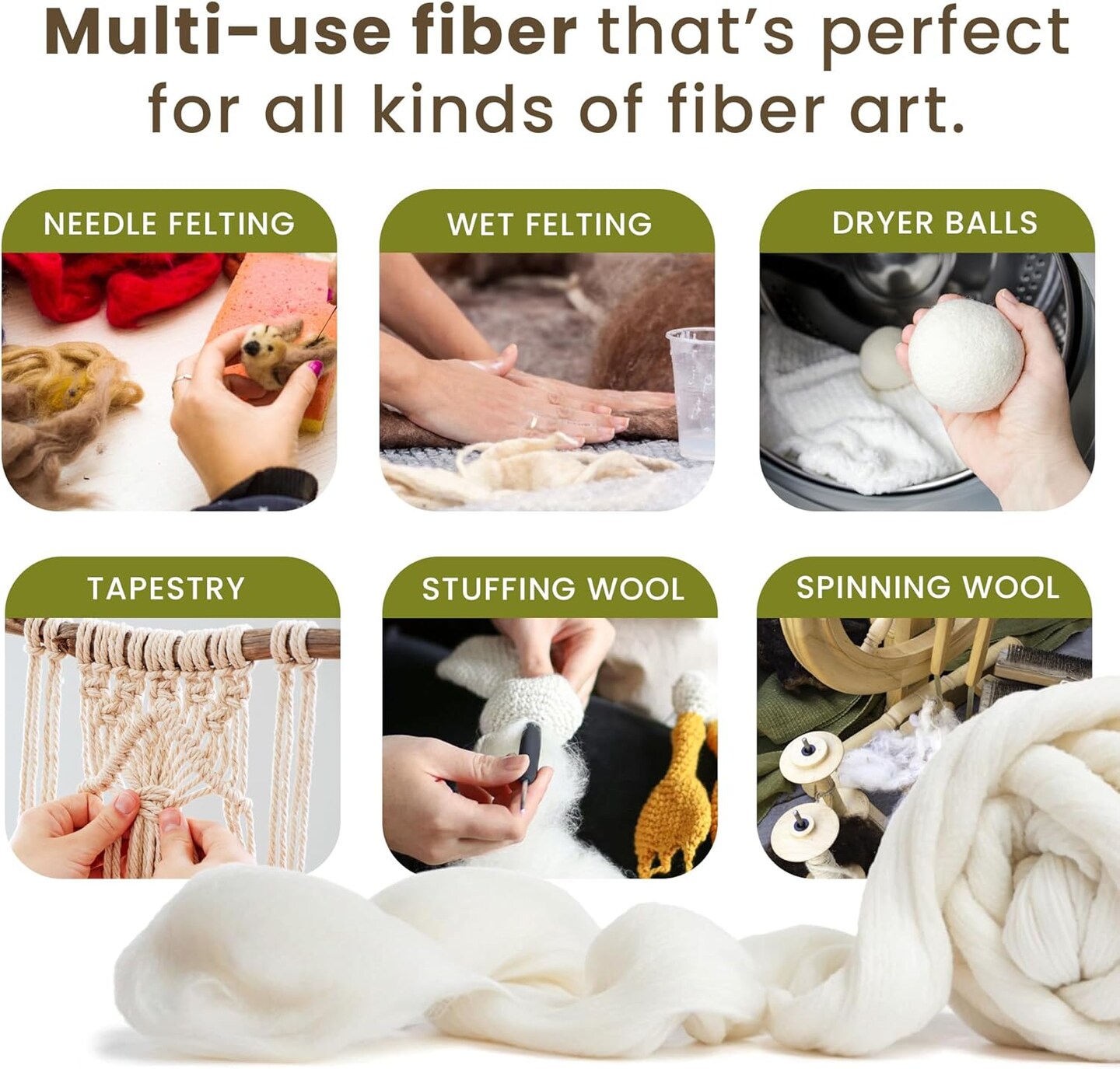 Wool Roving Top – 8 OZ Natural Corriedale, Bulk Pack, Best Core Wool for Needle Felting Wool, Wool Felting, Dryer Balls, Yarn Roving - Ethically Sourced, Processed in USA - White Ecru, 29.5 Micron